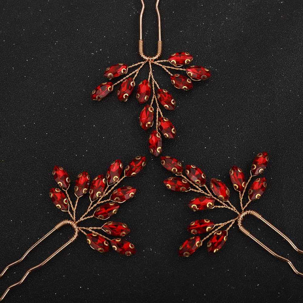 Juego de 3 horquillas de cristal para novia, con diamantes de imitación rojos, accesorios para el cabello para novia, hechos a mano, rojo, azul,