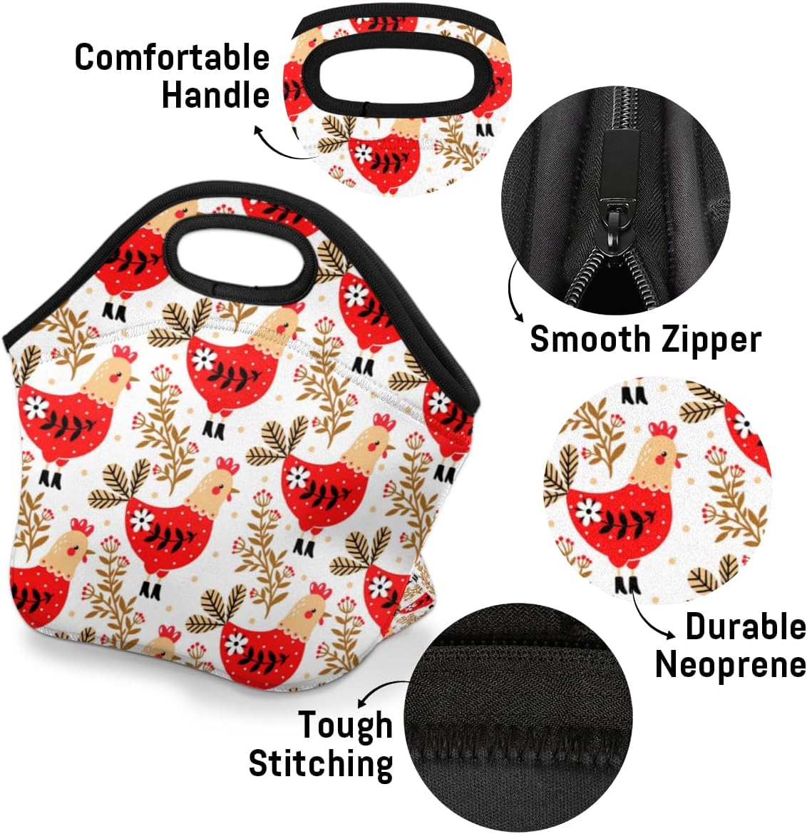 Bolsa de almuerzo de neopreno con diseño de flores de pollo, suave, lavable, reutilizable, aislada, ligera, para preparación de comidas, para