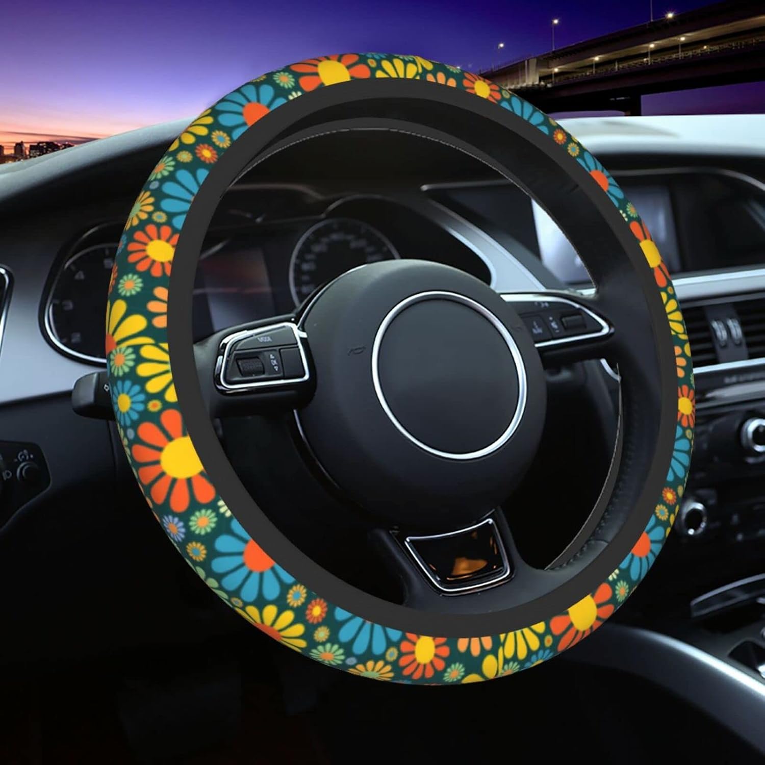 Funda universal para volante de automóvil de flores hippie de 15 pulgadas, transpirable, antideslizante, accesorios de automóvil para la mayoría de