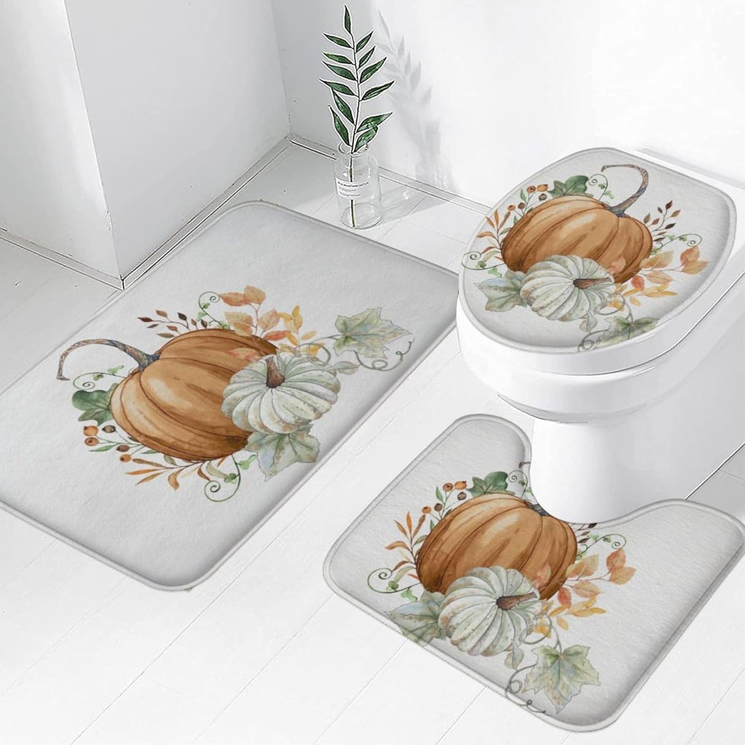 Easternproject Juego de 3 alfombras de baño de calabaza naranja otoñal, hojas de arce verde, cosecha de otoño, decoración de Acción de Gracias,