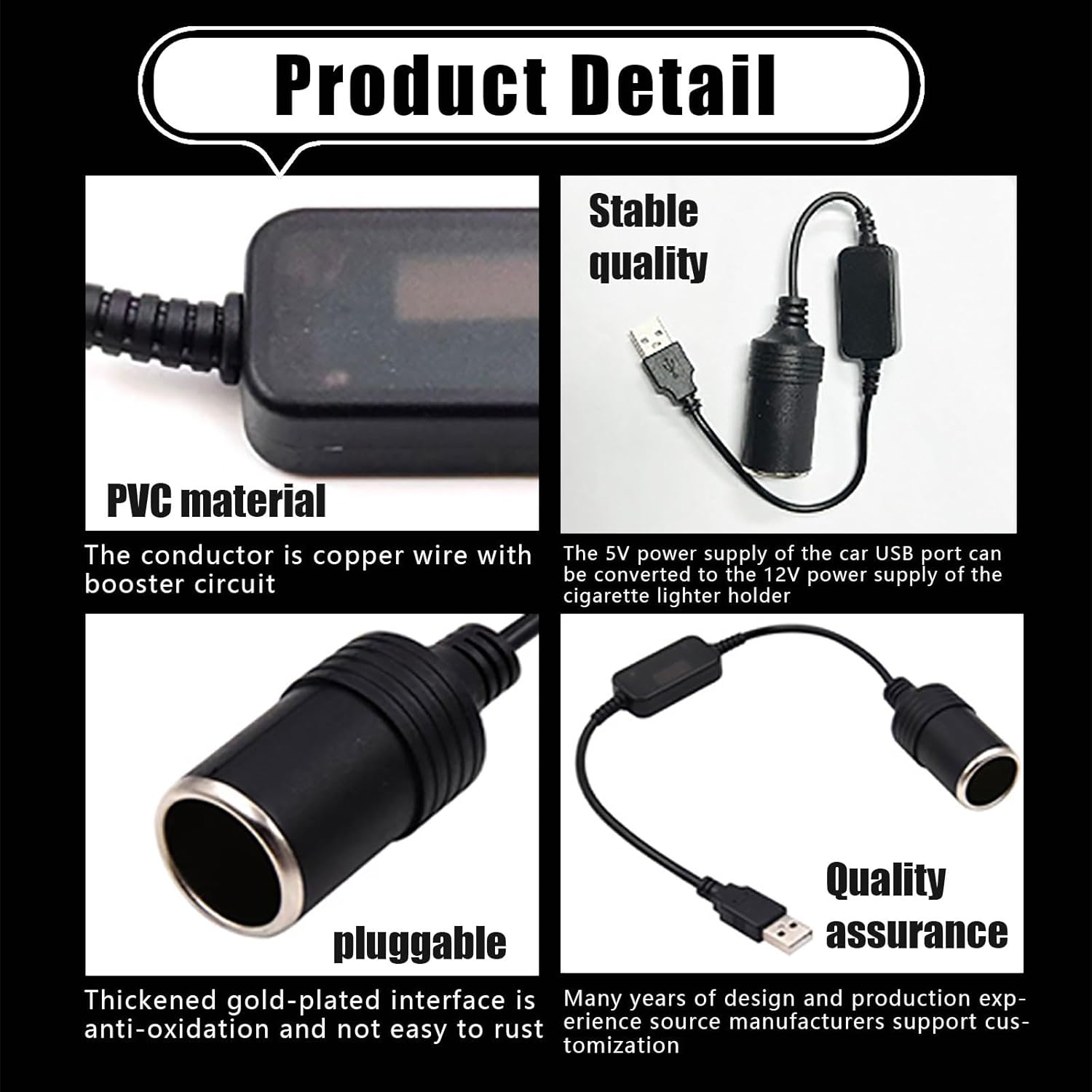 1 cable USB para automóvil, adaptador convertidor hembra de encendedor de cigarrillos de 5 V a 12 V, fuente de alimentación móvil conectada a la