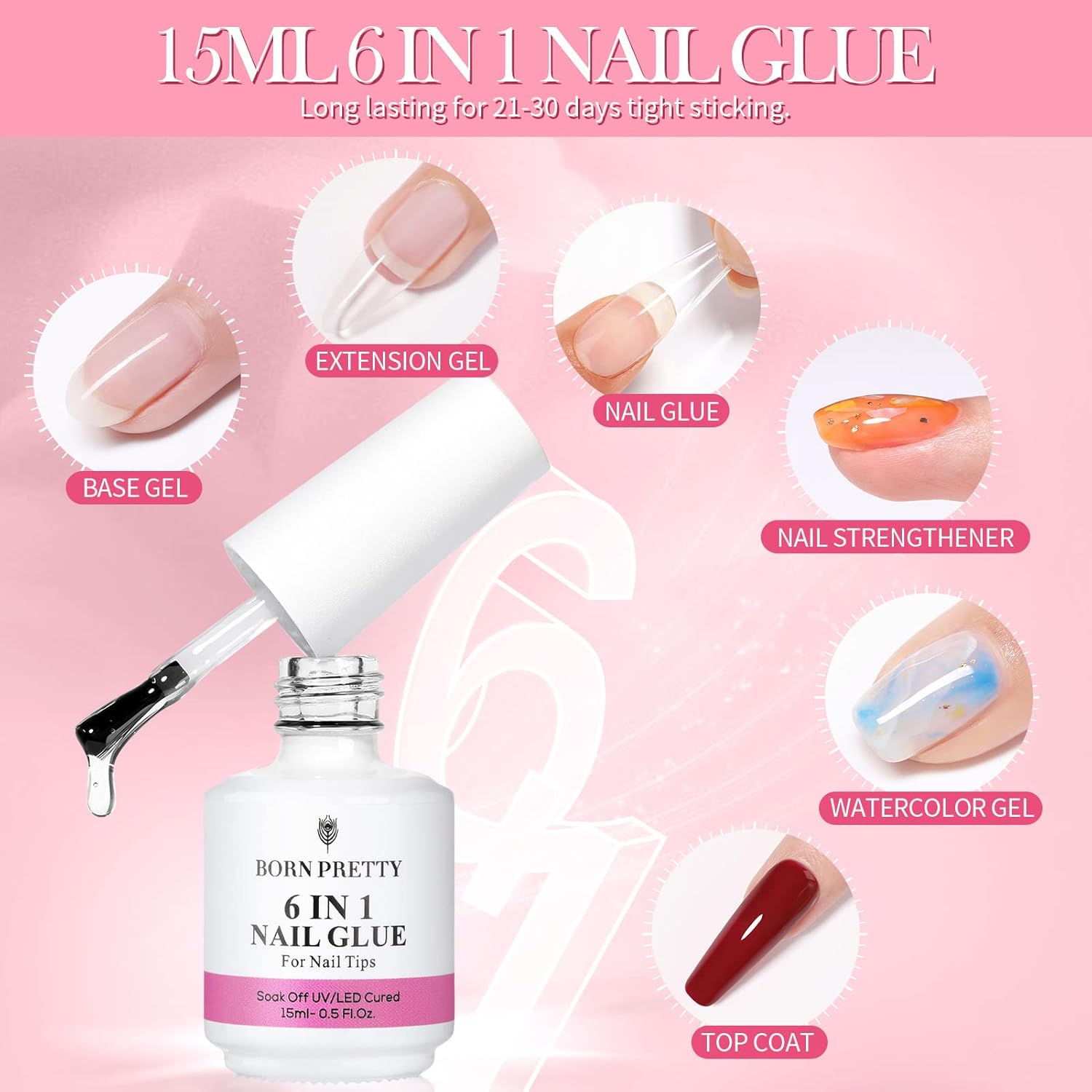 Capa base de gel de 0.5 onzas líquidas que no se limpia, 6 en 1 con pegamento UV LED para uñas, capa superior de gel para salón de uñas, lámpara LED