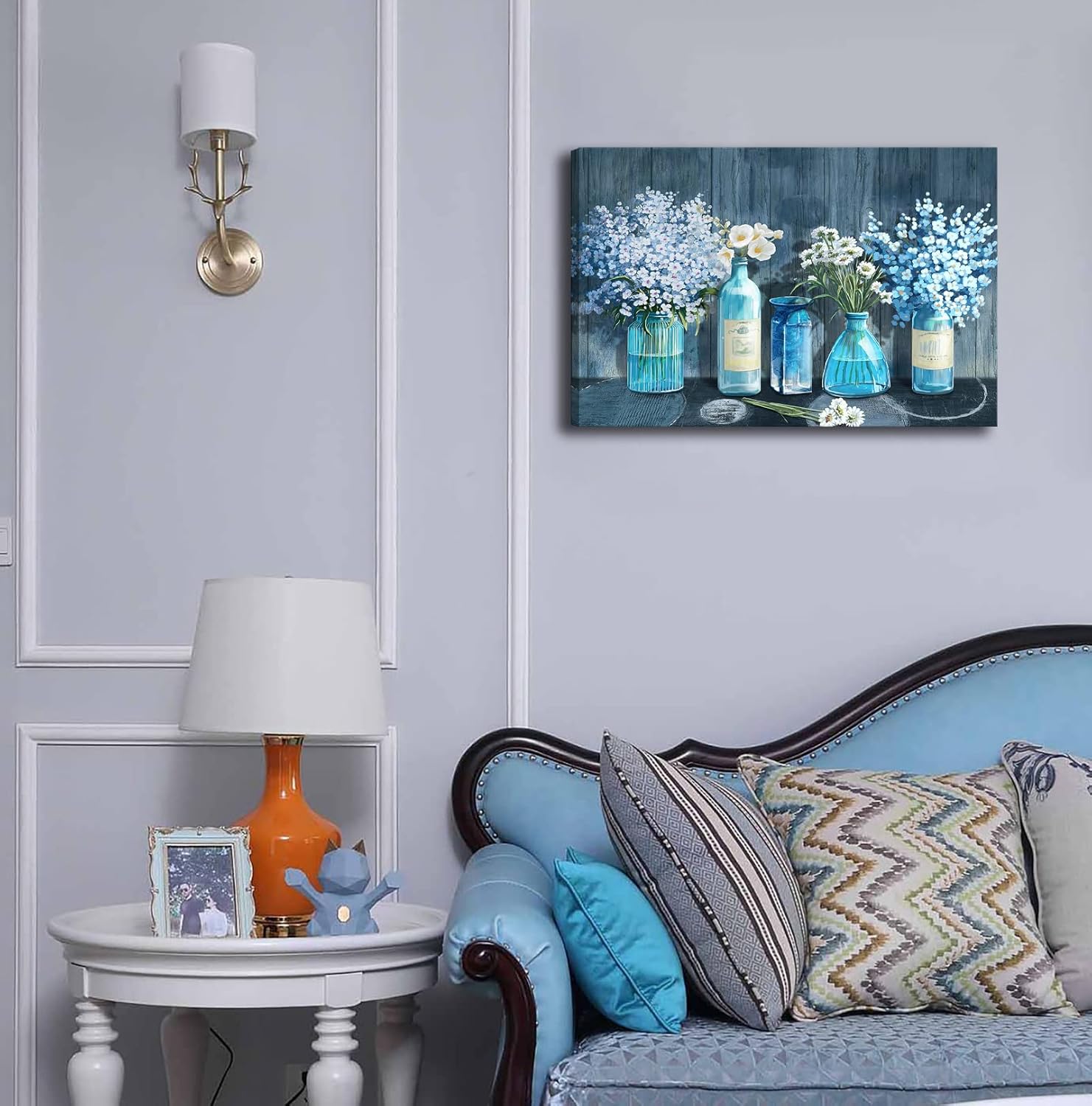 HKDGOKA Lienzo decorativo de pared para dormitorio, flor blanca en botella azul, cuadros para sala de estar, galería moderna, lienzo estirado de 16
