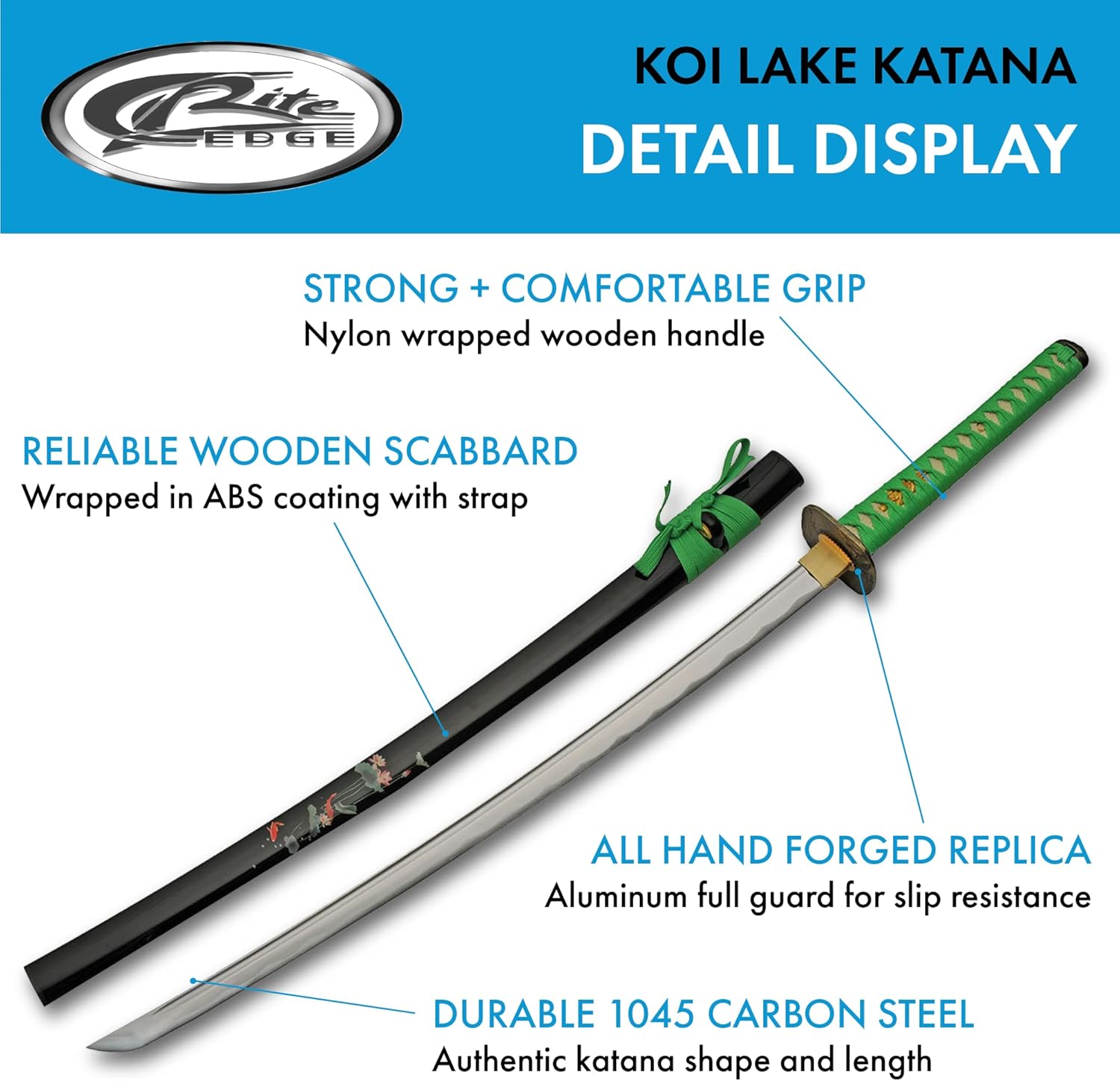Espada Katana réplica de acero al carbono de estanque Koi verde de 39 pulgadas con vaina impresa ABS