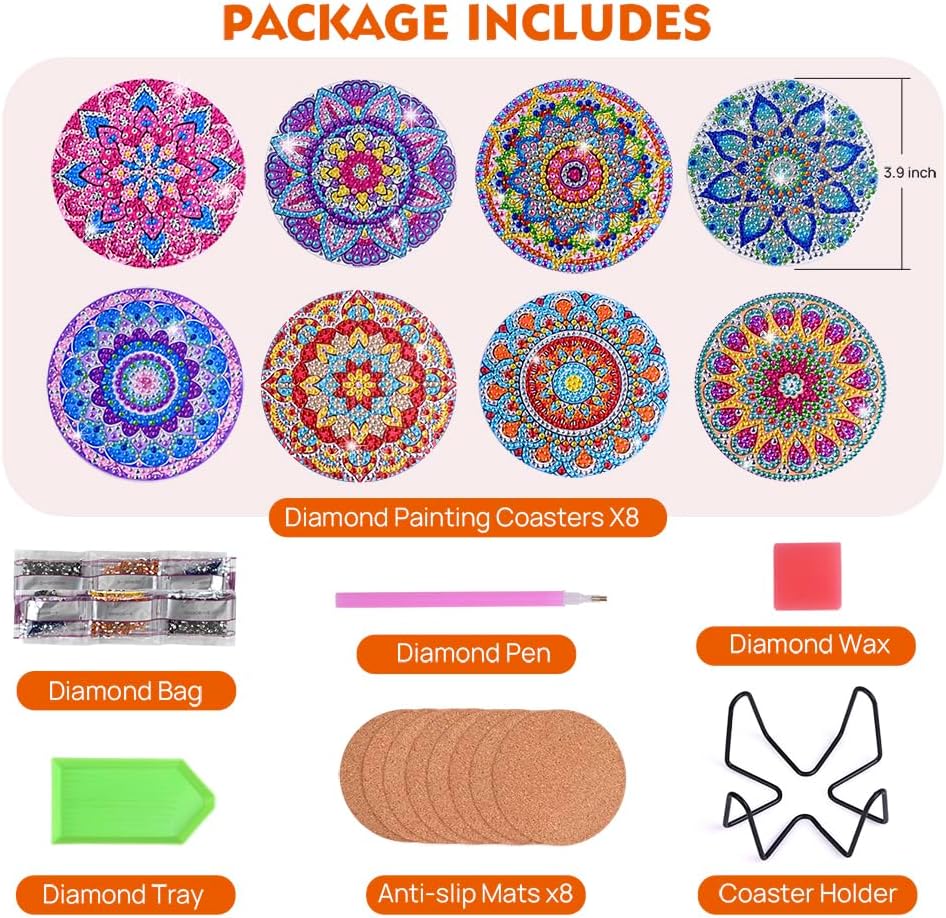 8 posavasos de arte de diamante, kits de pintura de diamantes de mandala para adultos, niños y principiantes, posavasos de pintura de diamante,