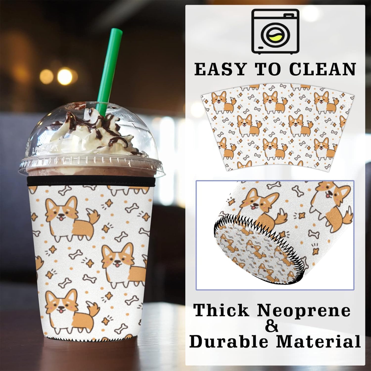 Funda de café helado, lindo perro corgi, diseño de estrella de hueso animal, reutilizable, de neopreno, aislante, para bebidas frías, bebidas, 32