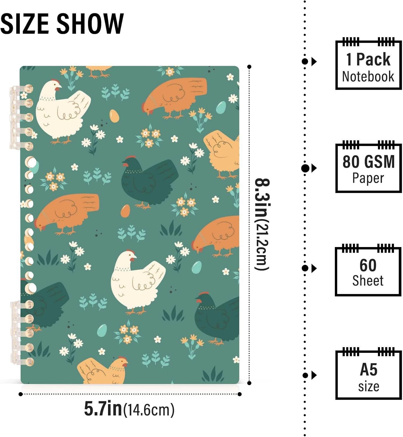 Cute Chickens Floral Farm Animals Cuaderno A5 en espiral, 60 hojas de papel rayado universitario, tapa dura duradera, 8.3 x 5.7 pulgadas