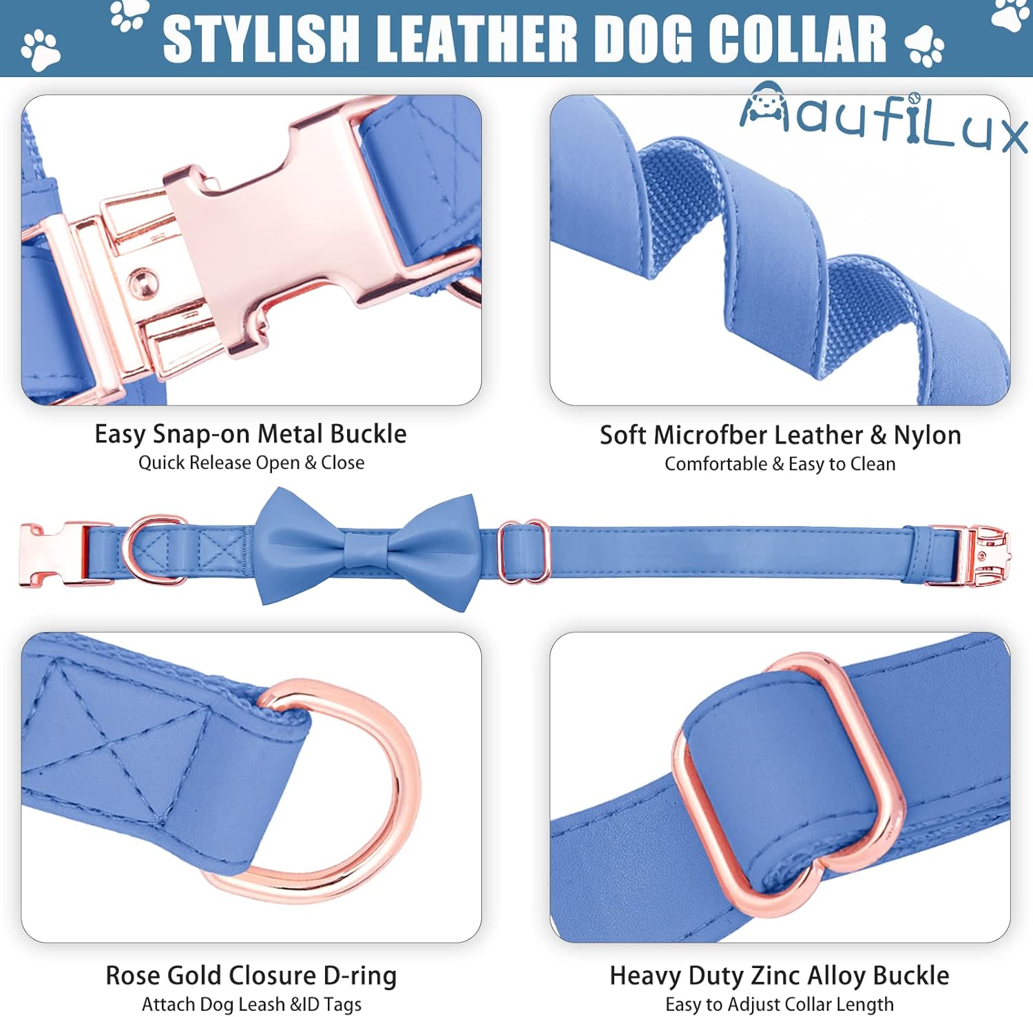 Collar de cuero suave para perro, ajustable, lindo collar de pajarita fácil de limpiar con elegante hebilla de metal resistente de oro rosa para