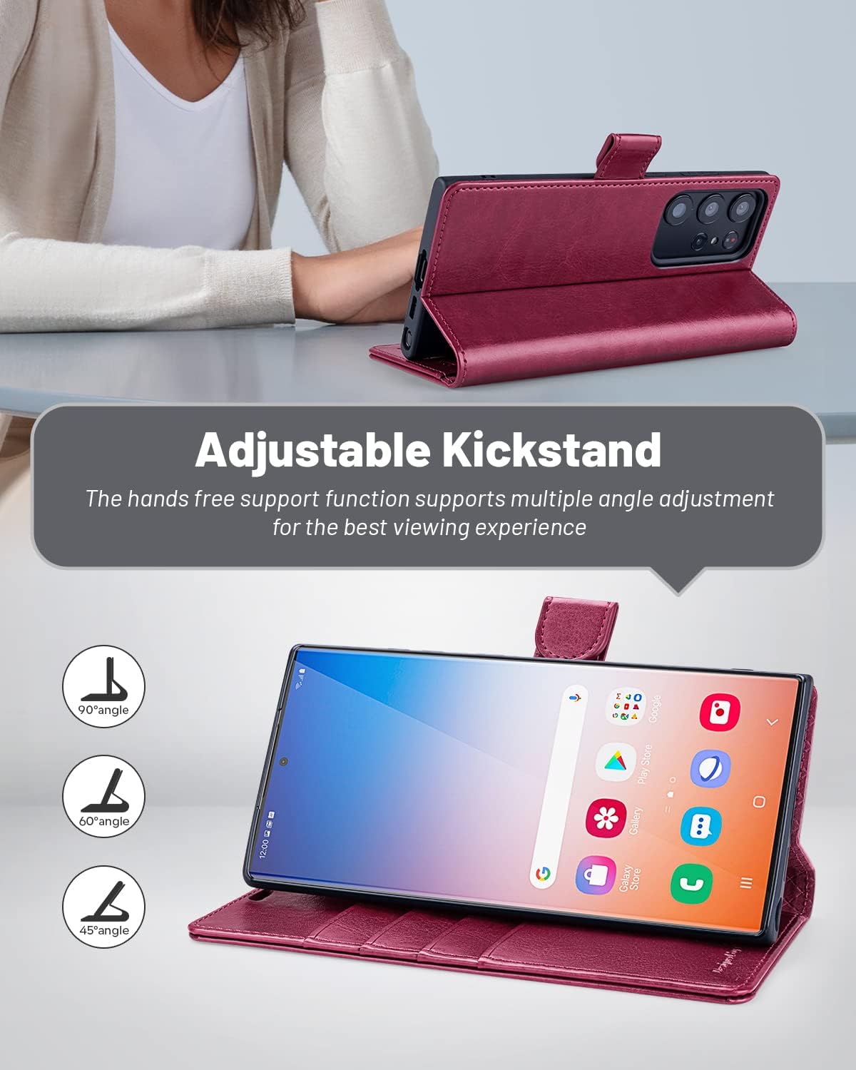 OCASE Funda compatible con Galaxy S23 Ultra 5G, funda de piel sintética con tarjetero, bloqueo RFID y soporte carcasa interior de TPU a prueba de