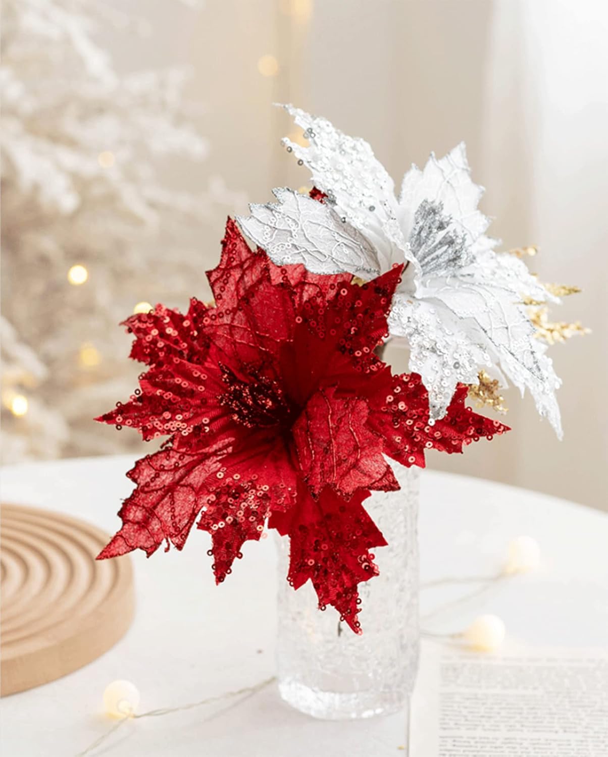 6 piezas de adornos de flor de Pascua de Navidad, flores artificiales de seda para decoración de corona de árbol de Navidad, 7.8 pulgadas (rojo)
