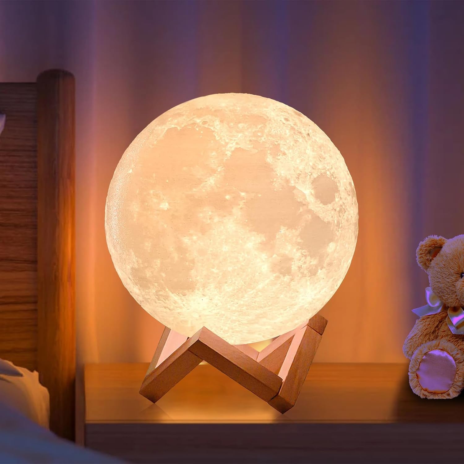 CPLA Lámpara de luna 2024 actualización de 128 colores con luz nocturna de luna de sincronización para niños, soporte de madera y control