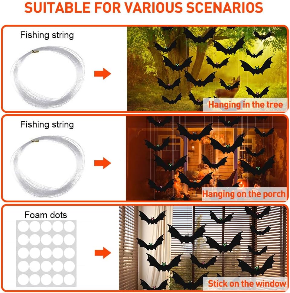 Murciélagos colgantes, 18 piezas de decoración de murciélagos de Halloween, impermeables, 3 tamaños diferentes, decoraciones de Halloween,