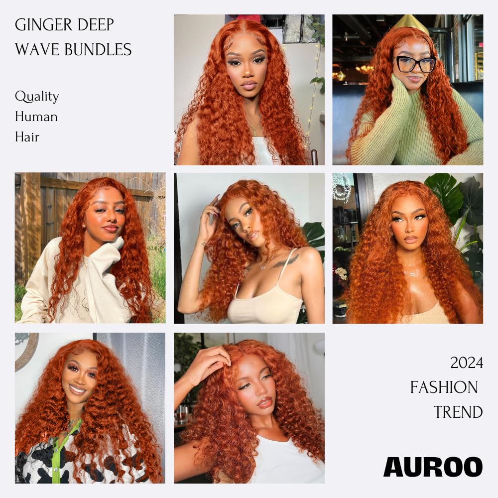 Ginger Deep Wave Closure 14 pulgadas, cobre naranja quemado 350 4×4 cierre de encaje transparente cabello humano prearrancado con cabello de bebé