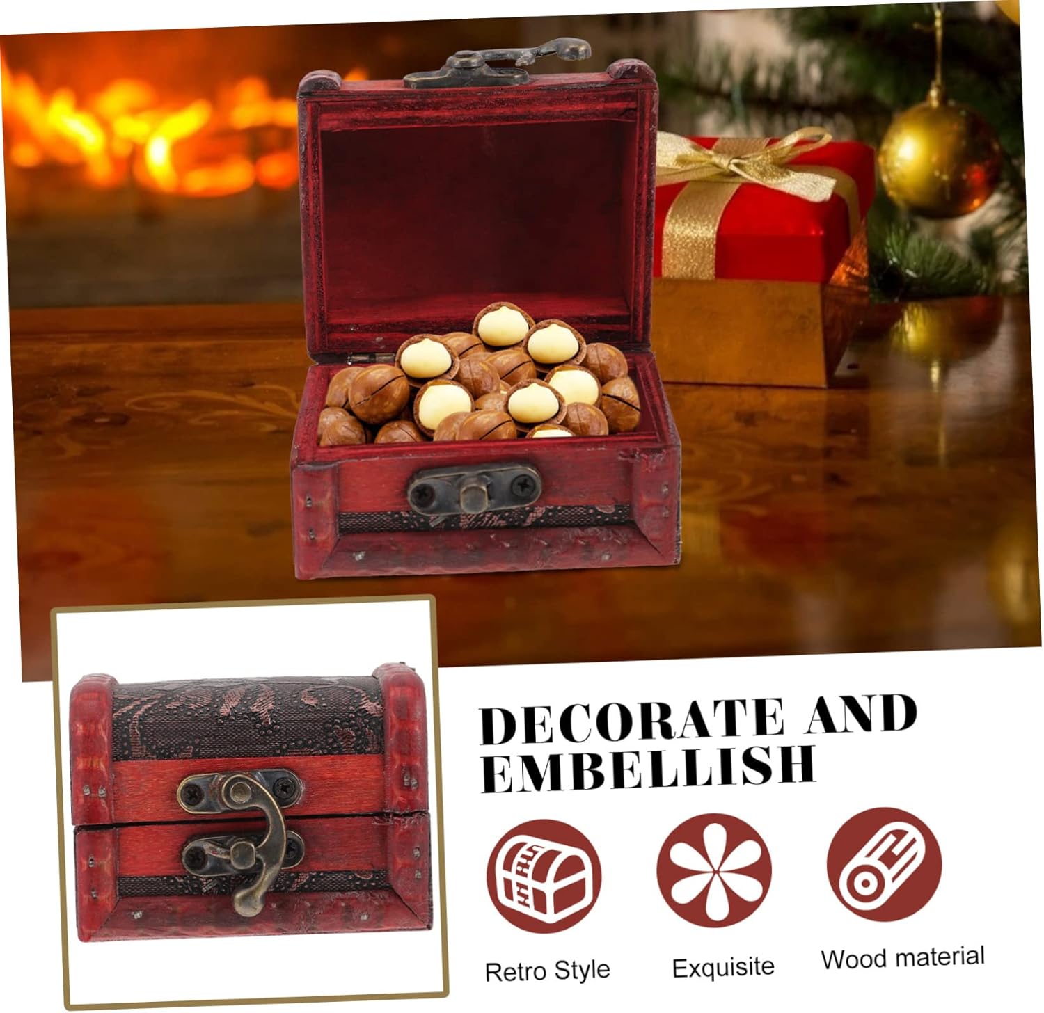 NOLITOY Caja de madera para dulces de Navidad, caja de dulces de Navidad, caja de dulces retro, decoración de madera, decoración antigua, cajas de