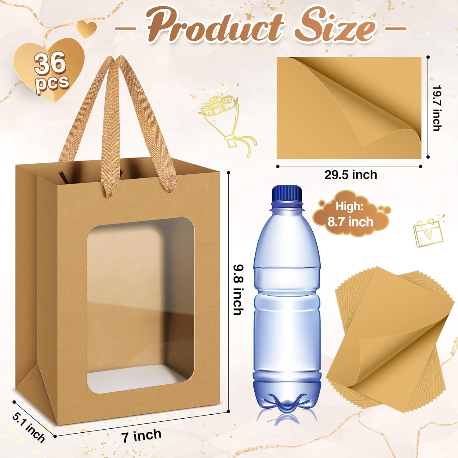 Zhanmai 36 bolsas de regalo con ventana transparente, bolsas de papel transparente con pañuelos de 10 x 7 x 5 pulgadas, bolsas de papel kraft con