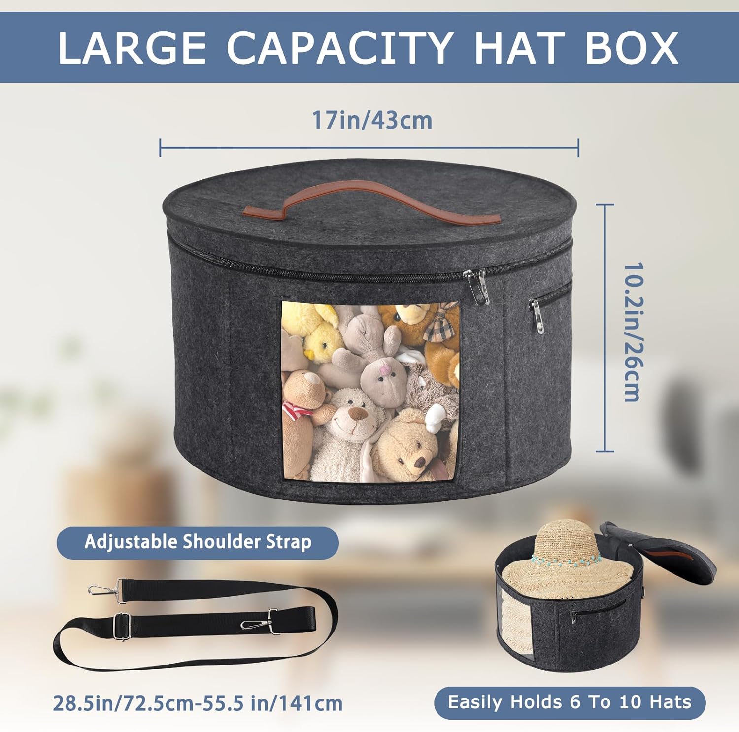 Caja para sombreros con 4 varillas estabilizadoras para mayor apoyo, organizador de sombreros redondos con tapa, ideal para viajes, almacenamiento