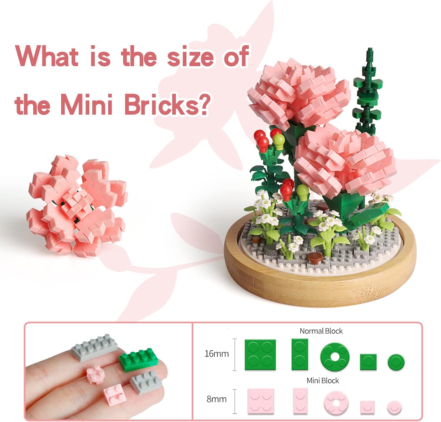 Juegos de construcción de ramos de flores, colección botánica de árbol bonsái de rosas rosadas con vitrina, mini kits de regalo para adultos,