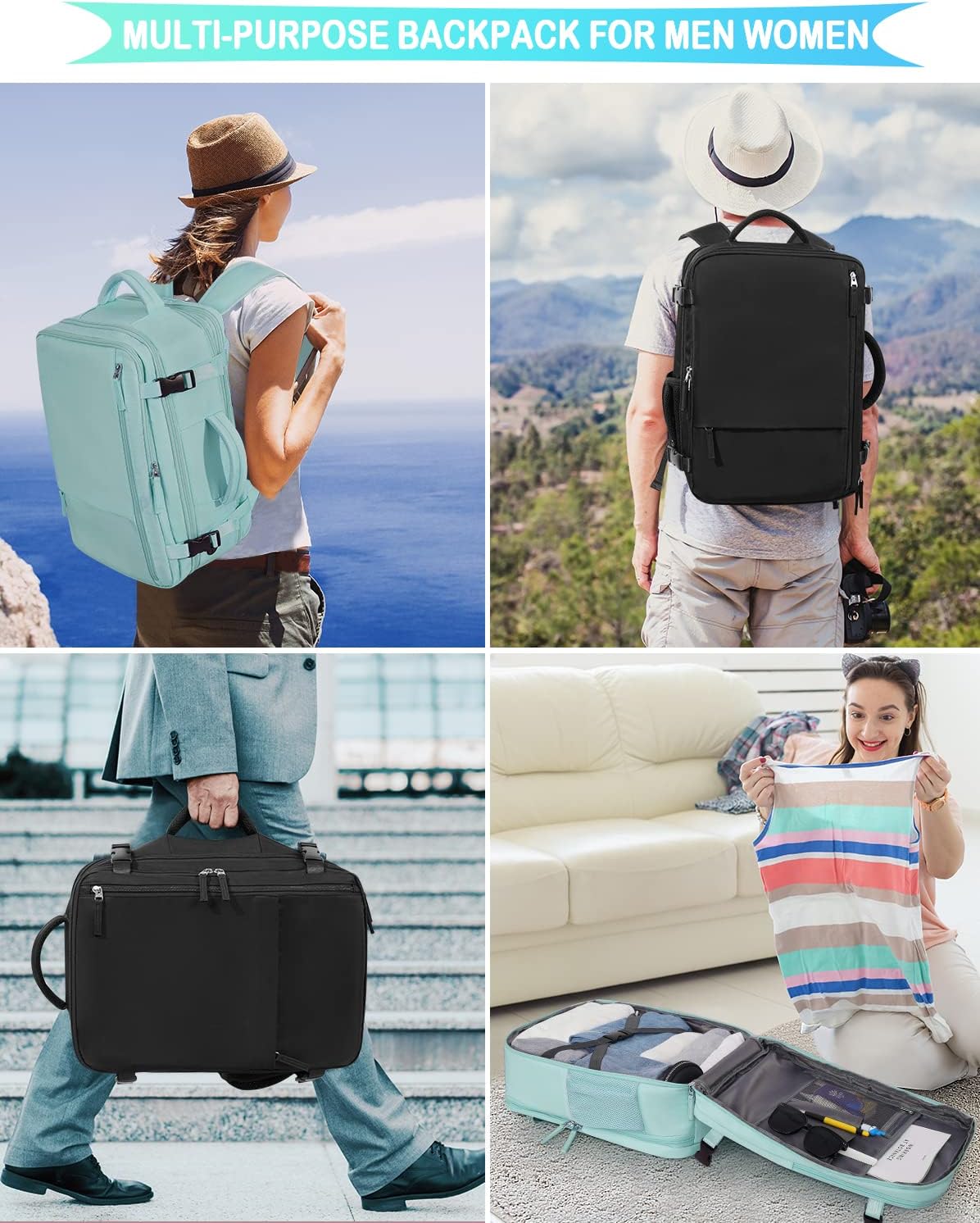Getravel Mochila de mano aprobada por aerolíneas, mochila de viaje para hombres y mujeres, Azul claro-verde, Mochilas de viaje