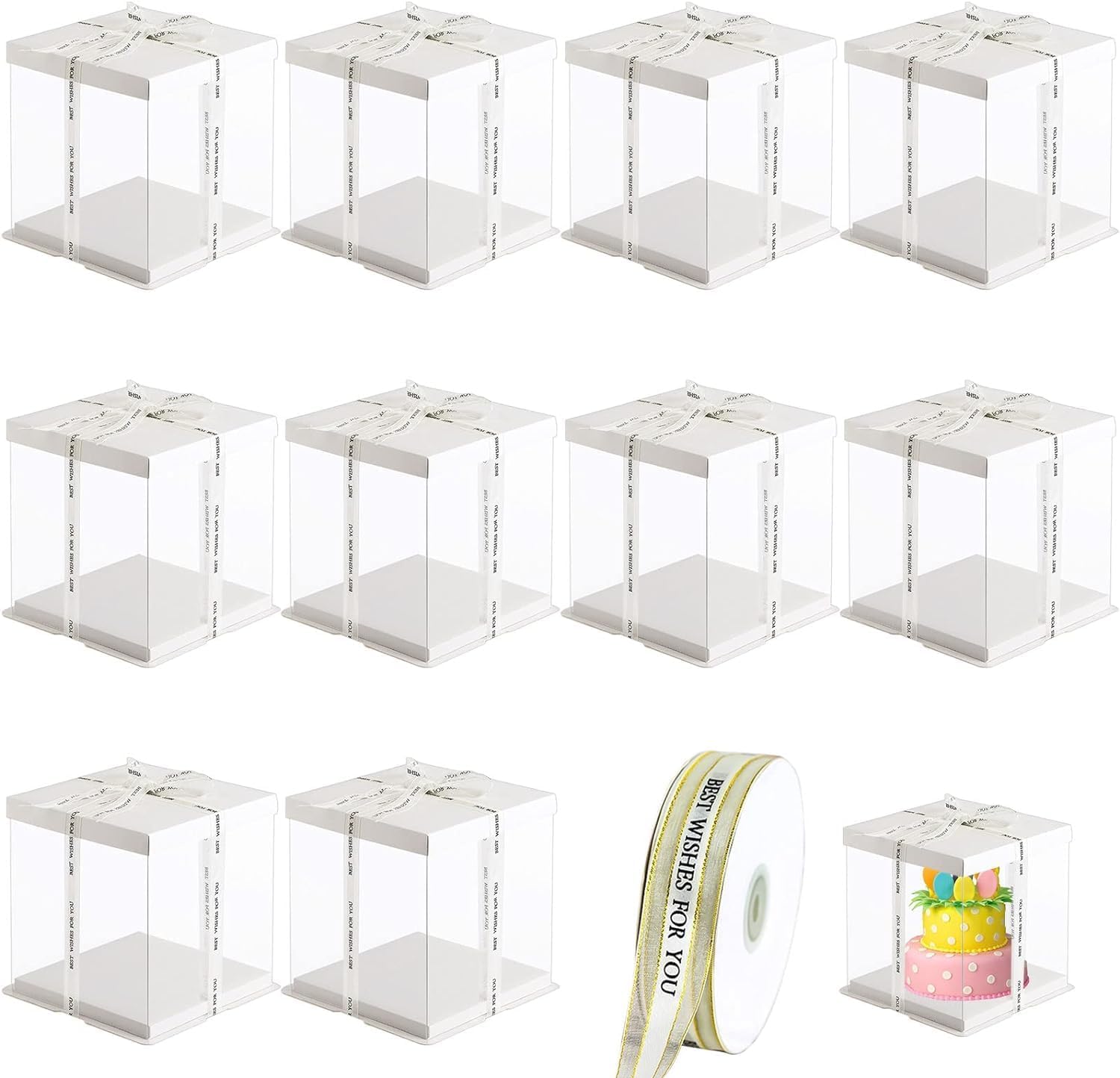10 cajas transparentes para tartas de 7 x 7 x 8 pulgadas, caja alta para pasteles con tapa y cinta de 148 pies, cajas altas para tartas de nivel