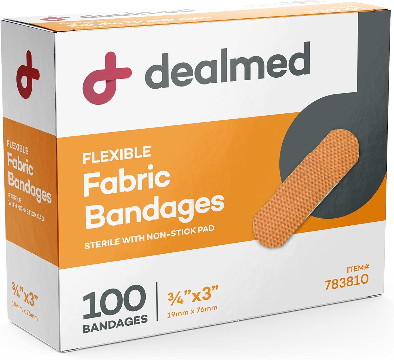 Dealmed Vendajes adhesivos flexibles de tela, 100 unidades (1 paquete) vendajes con almohadilla antiadherente, sin látex, kit de cuidado de heridas