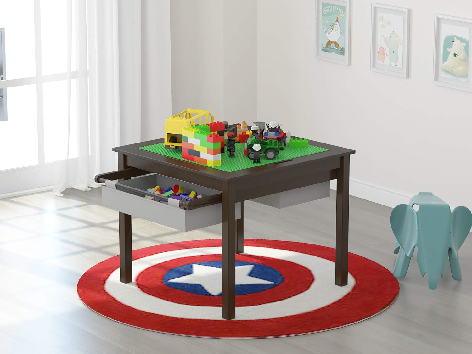 UTEX – Mesa de juegos 2 en 1 para niños con cajones de almacenamiento y base para legos integrada.