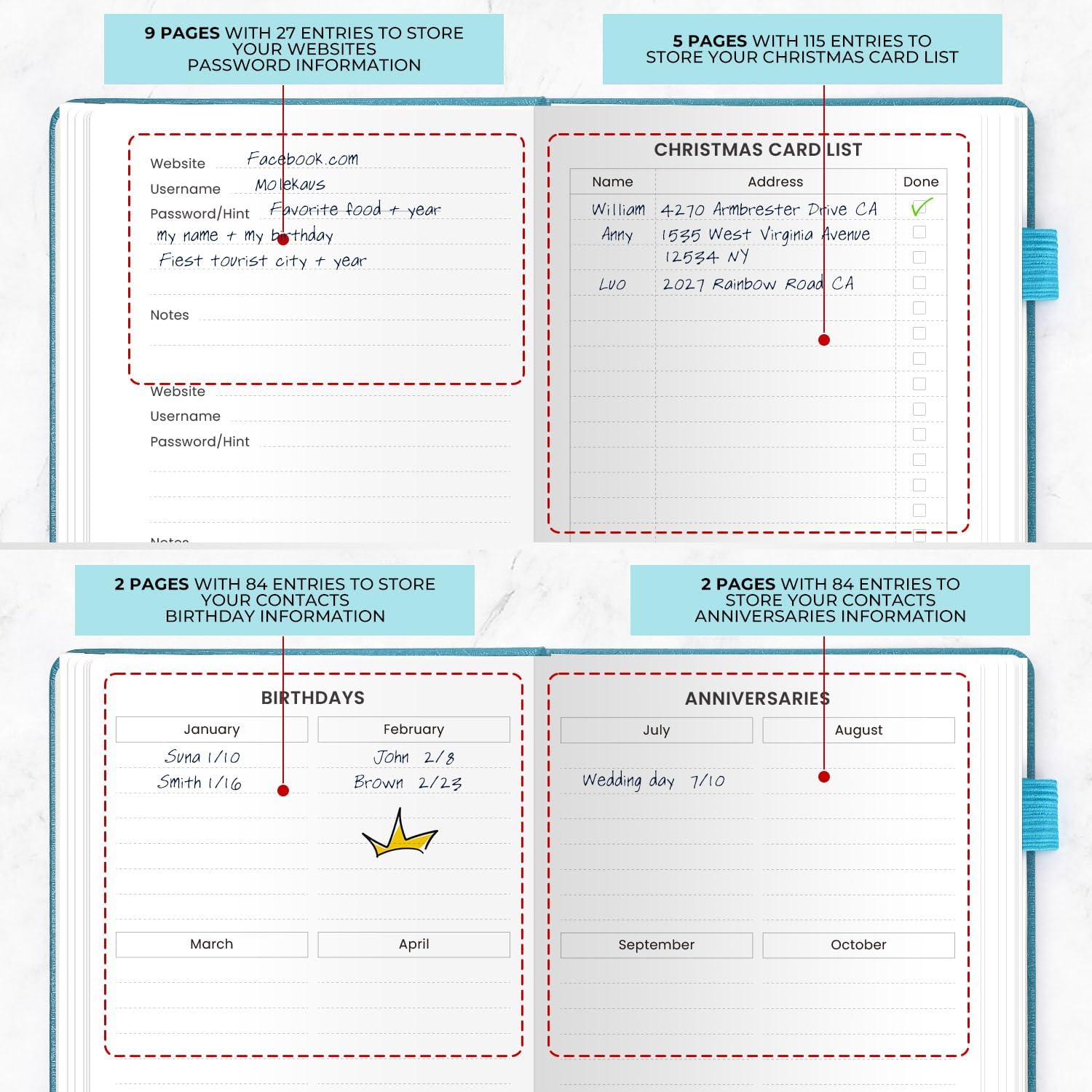 Libreta de direcciones con pestañas alfabéticas, libreta de contraseñas pequeña de tapa dura, letra grande para números de teléfono, inicio de