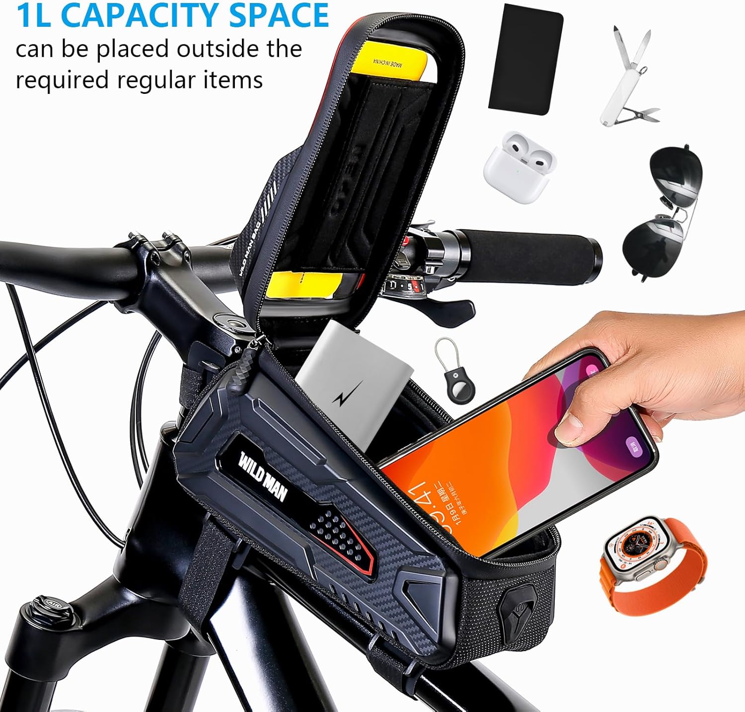 WILD MAN Bolsa de bicicleta Bolsa de teléfono para bicicleta Bolsa de EVA impermeable para marco frontal Bolsa de tubo superior para manillar Bolsa