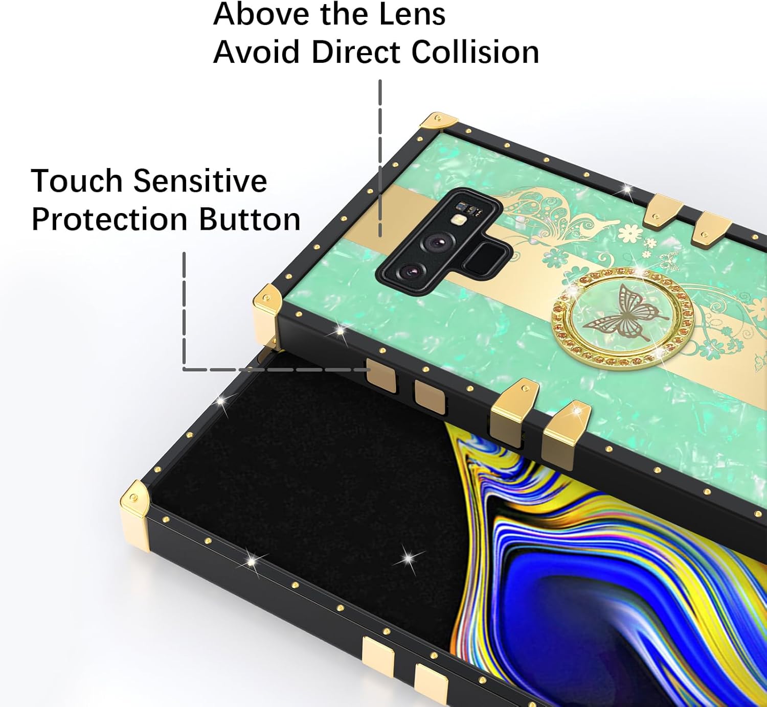 Para Samsung Galaxy Note 9 Caja De Teléfono Cuadrado Con Soporte De Anillo De Las Niñas Mujeres Cubierta Protectora A Prueba De Golpes De Lujo –
