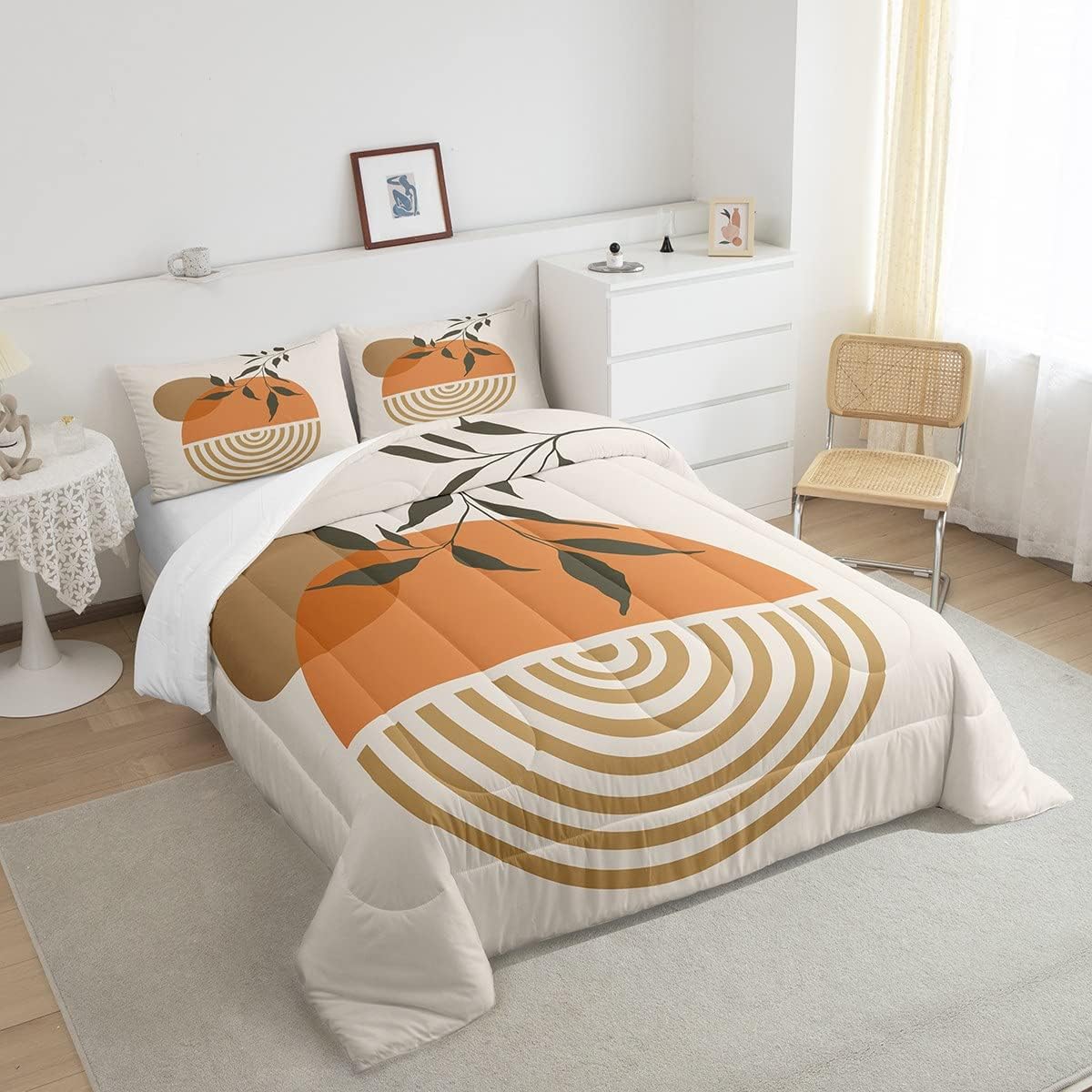 Juego de ropa de cama tamaño Queen con diseño de hojas bohemias para niñas, niños, adolescentes, mujeres, abstracto, exótico, geométrico, moderno,
