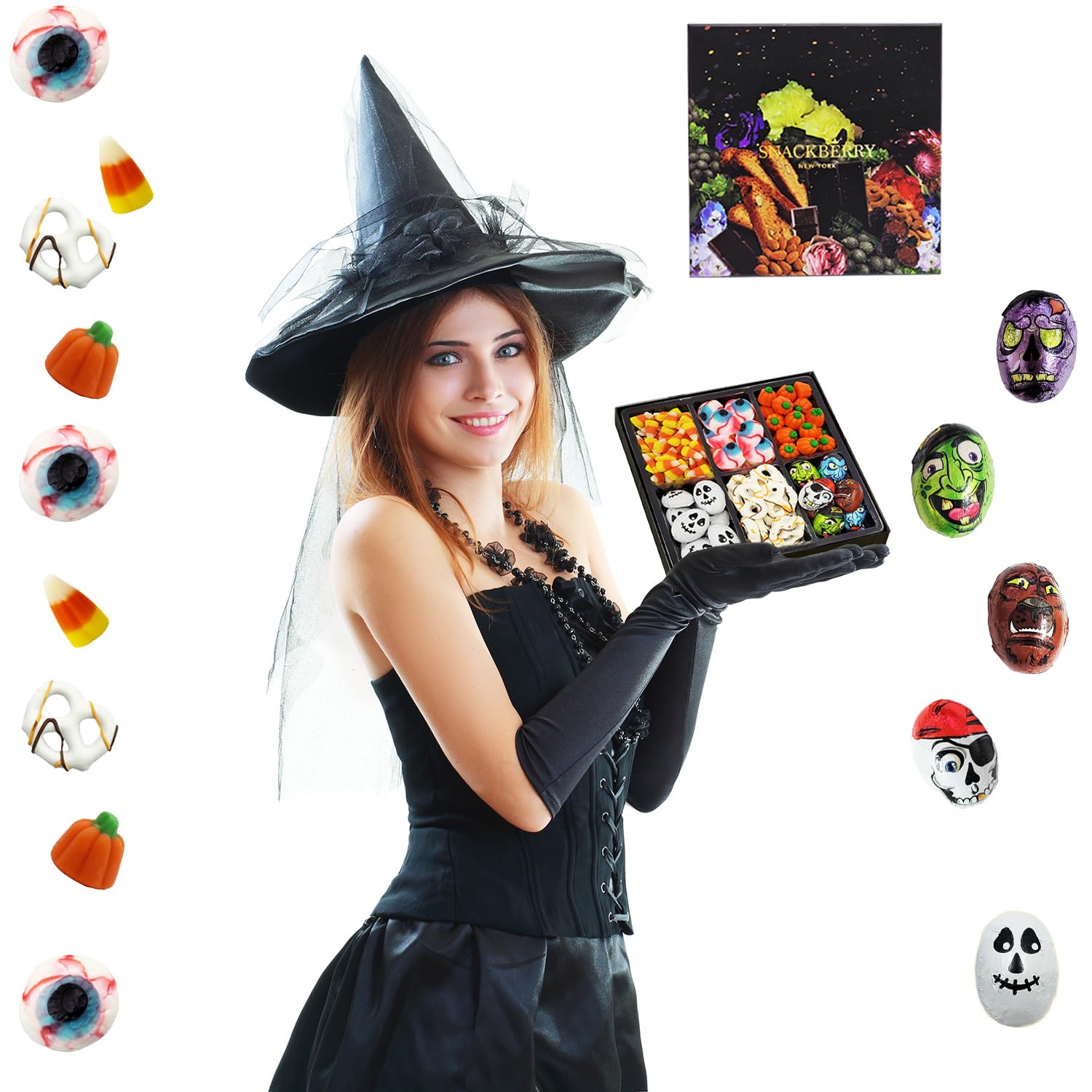 Snackberry – Caramelos de Halloween, chocolate, gomitas, cesta de regalo, maíz dulce, calaveras y monstruos de chocolate, globos oculares de gomita,