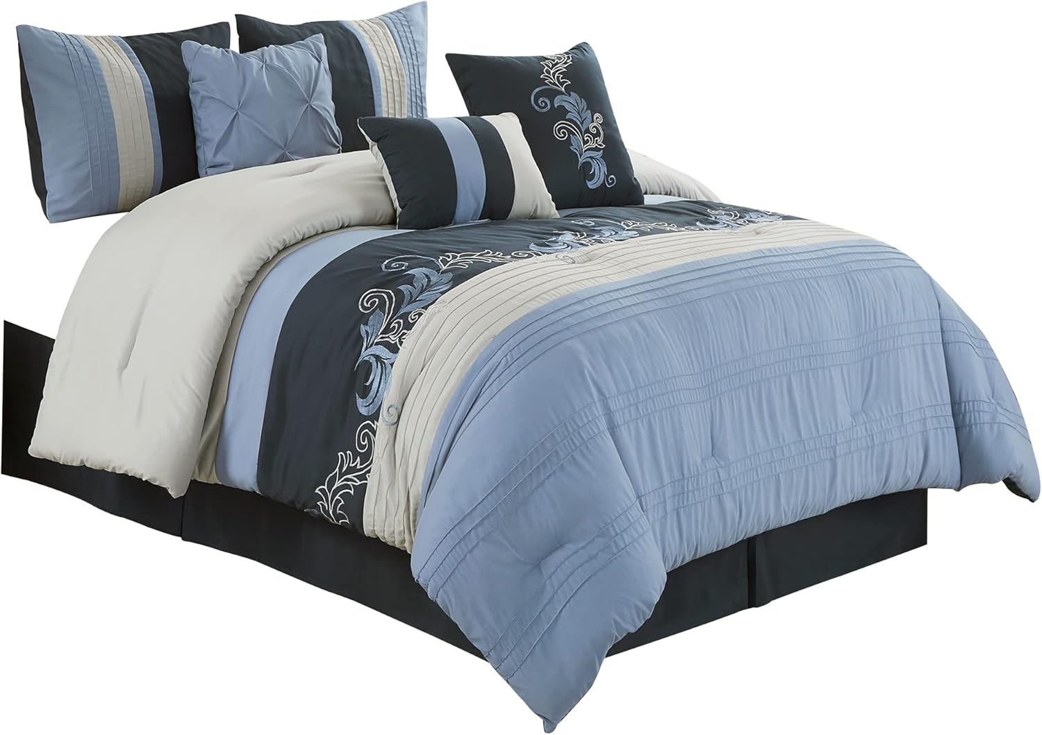 Chezmoi Collection – Juego lujoso de edredón de 7 piezas Napa con bordado de hojas de otoño (tamaño California King, color azul marino, azul y gris)
