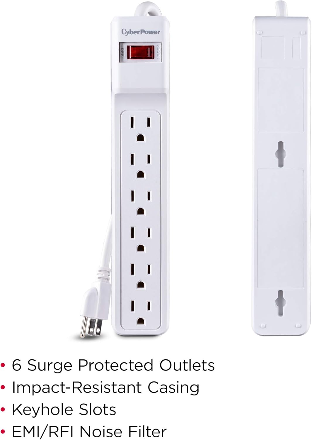 CyberPower CSB606W – Protector de sobretensiones esencial, 900J125V, 6 tomas, cable de alimentación de 6 pies
