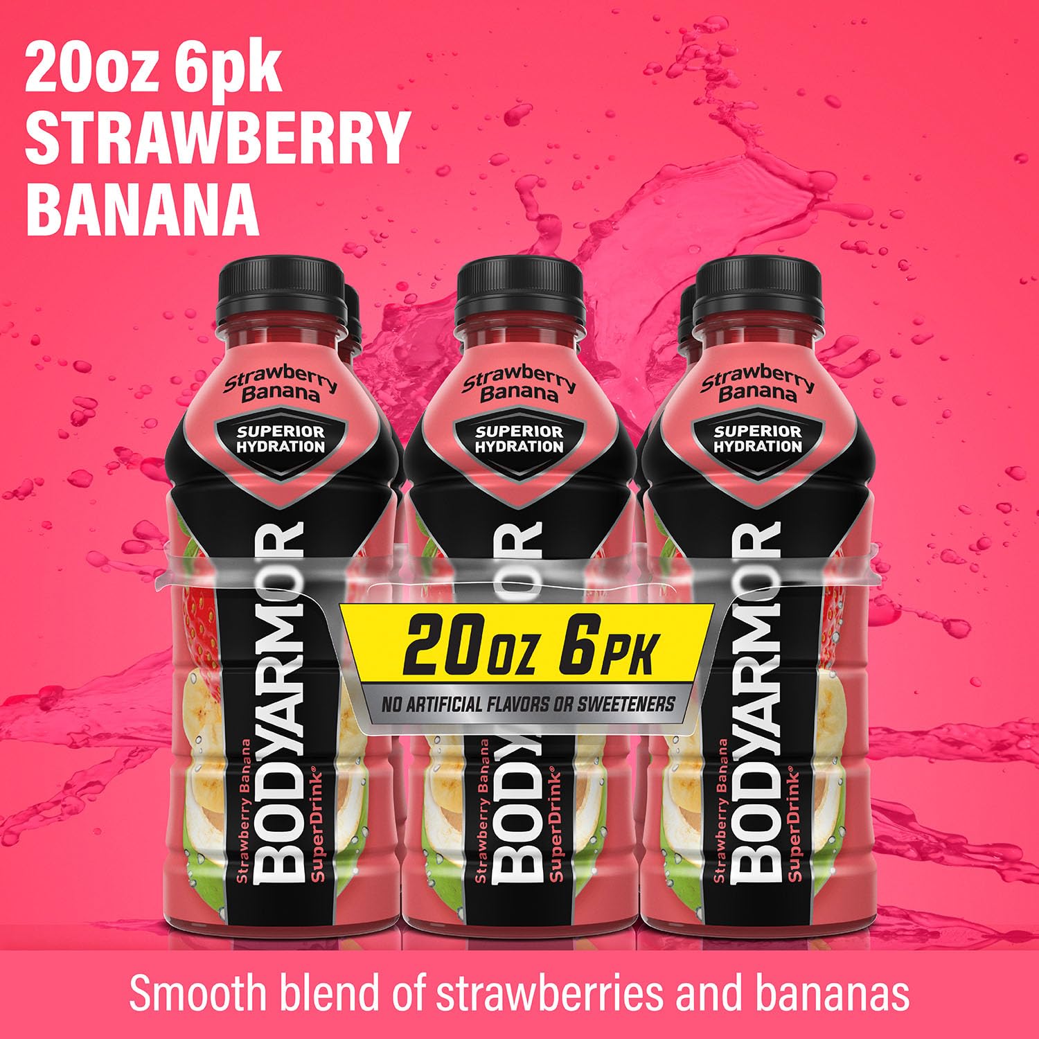 BODYARMOR – Bebida deportiva, fresa y plátano, sabores naturales con vitaminas, electrolitos ricos en potasio, perfecta para deportistas, 20 onzas