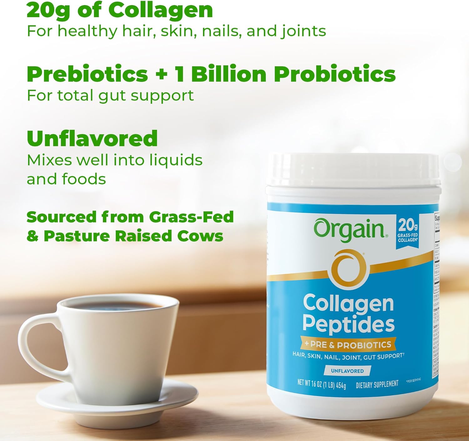 Orgain Hydrolyzed Collagen Peptides + Prebiotic & Probiotics Powder for Women & Men, 20g Grass Fed Collagen, 1 Billion CFU – Supports Digestive,