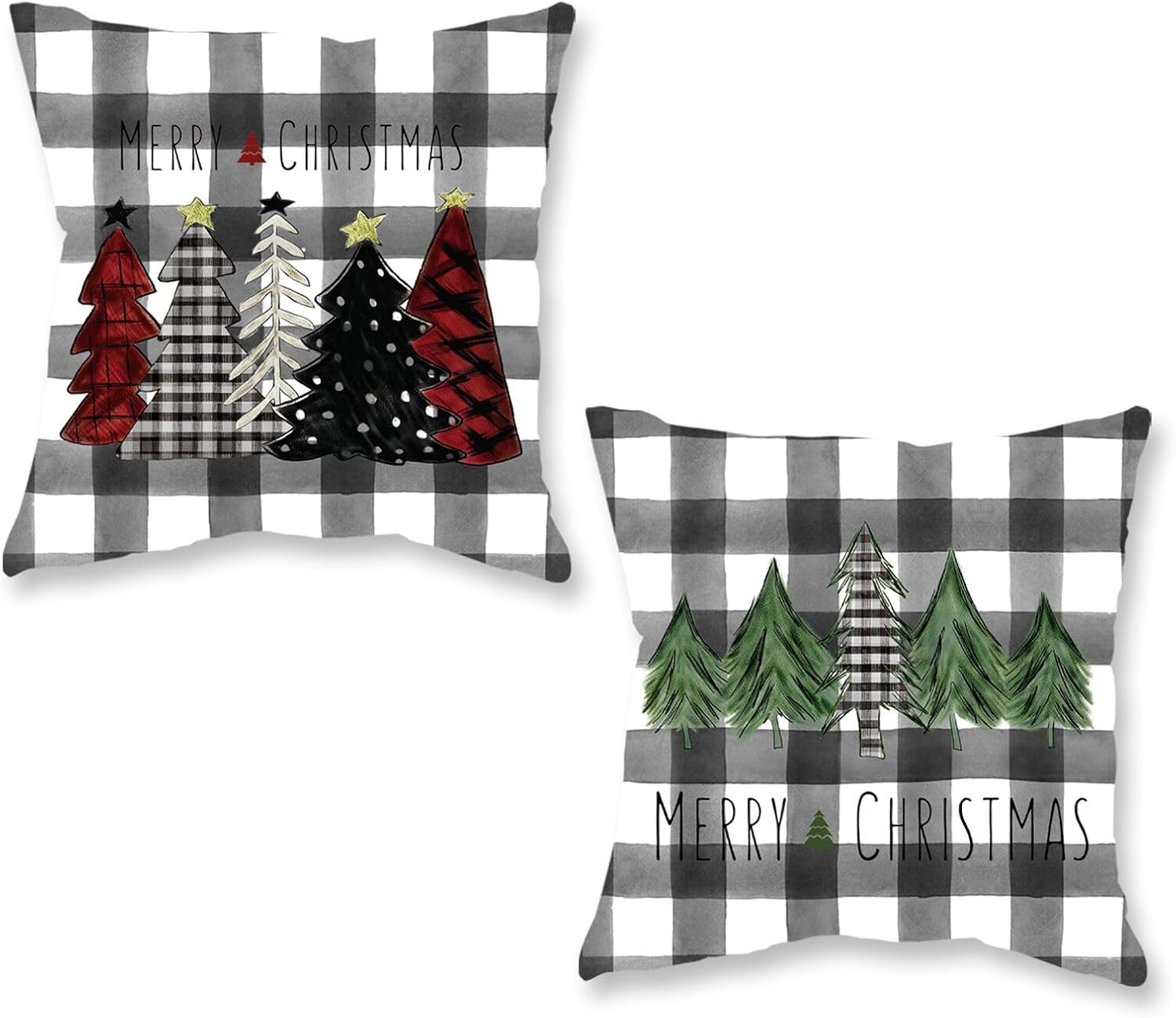 ONWAY Juego de 2 fundas de almohada de Navidad de 18 x 18 pulgadas, diseño de árboles rojos y verdes a cuadros negros, fundas de almohada lumbares