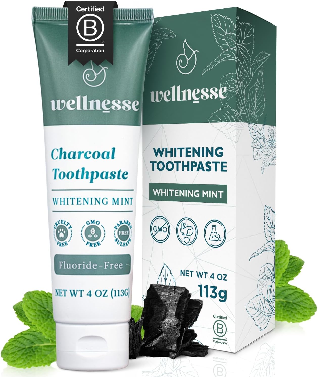 Wellnesse Pasta de dientes blanqueadora de carbón activado, blanqueamiento dental natural y frescura del aliento + sin flúor, vegano, sin glicerina,