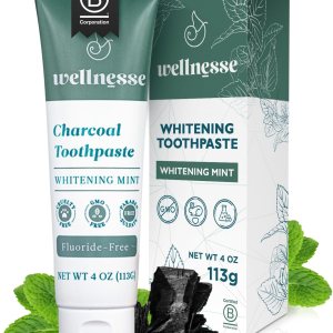 Wellnesse Pasta de dientes blanqueadora de carbón activado, blanqueamiento dental natural y frescura del aliento + sin flúor, vegano, sin glicerina, Wellnesse Pasta de dientes blanqueadora de carbón activado, blanqueamiento dental natural y frescura del aliento + sin flúor, vegano, sin glicerina,