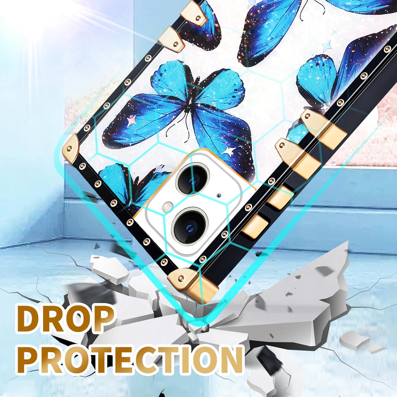 Loheckle Funda para iPhone 15 para mujeres y adolescentes, diseño cuadrado a la moda, lindo estuche con soporte de anillo y cordón, elegante diseño