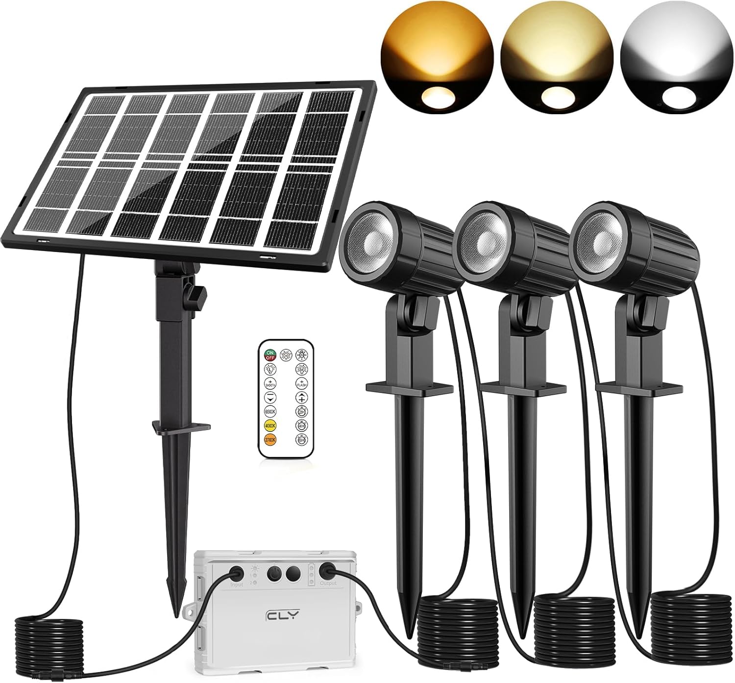 CLY Luces solares LED 3 en 1, IP66 impermeables para exteriores, 2 brillos de 3 colores, 6 V, 3 W, luces solares de encendido y apagado automático,