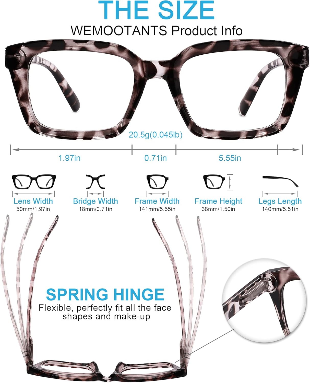 Lentes de lectura grandes cuadrados con bloqueo de luz azul para mujer, para lectura de computadora de gran tamaño, 1.0, 1.5, 2.0, 2.5, 3.0, 3.5,