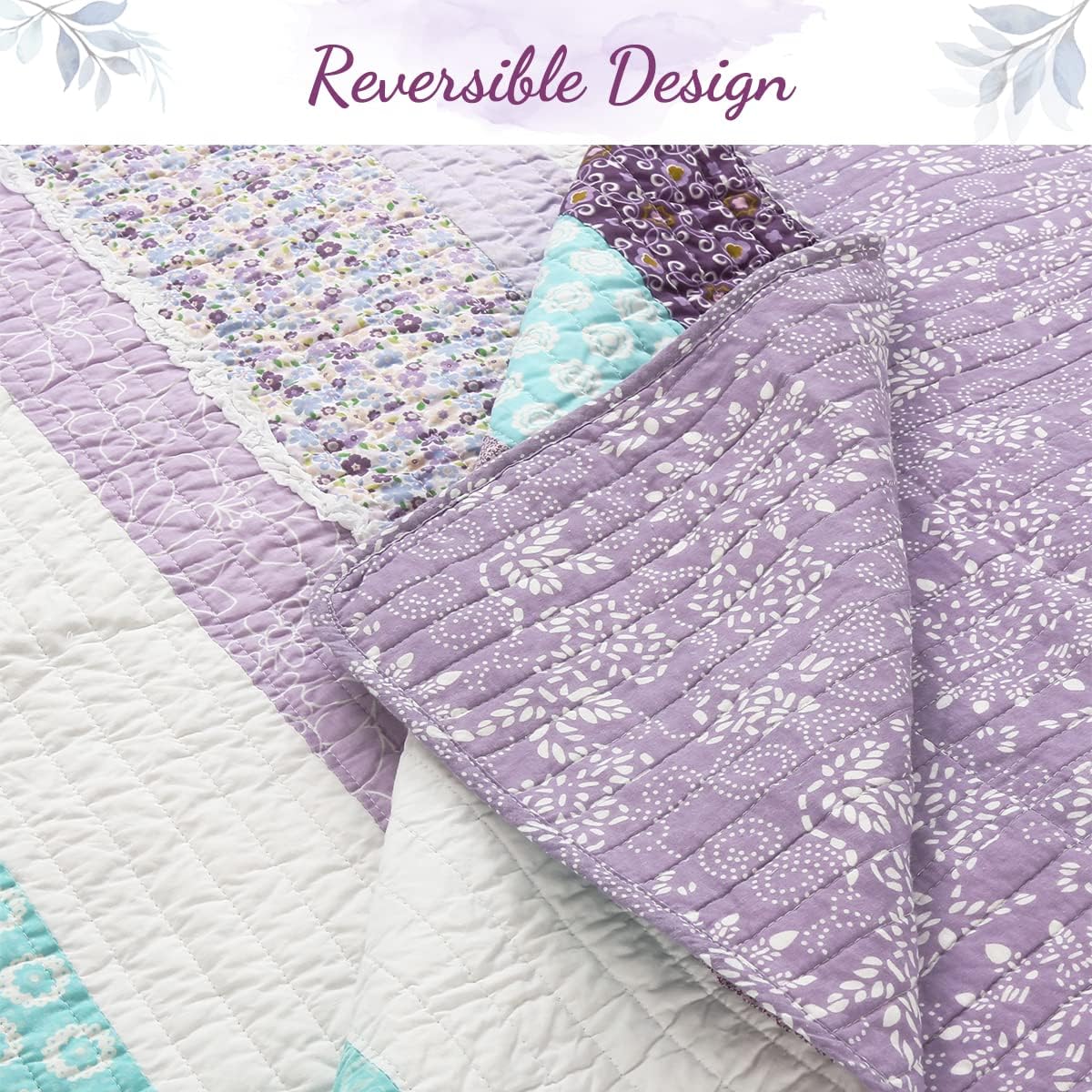 Cozy Line Home Fashions Purple Cosmos Spring Floral Stripe Garden Lavender Teal & White Ruffle Cotton Reversible Juego de ropa de cama