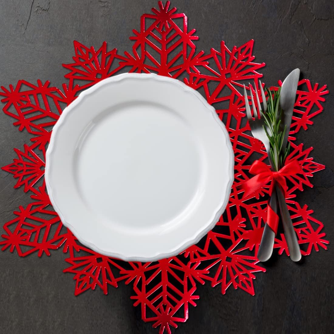Juego de 6 manteles individuales de copo de nieve de color rojo, manteles redondos de vinilo para mesa de cocina, mesa de comedor, vacaciones, boda