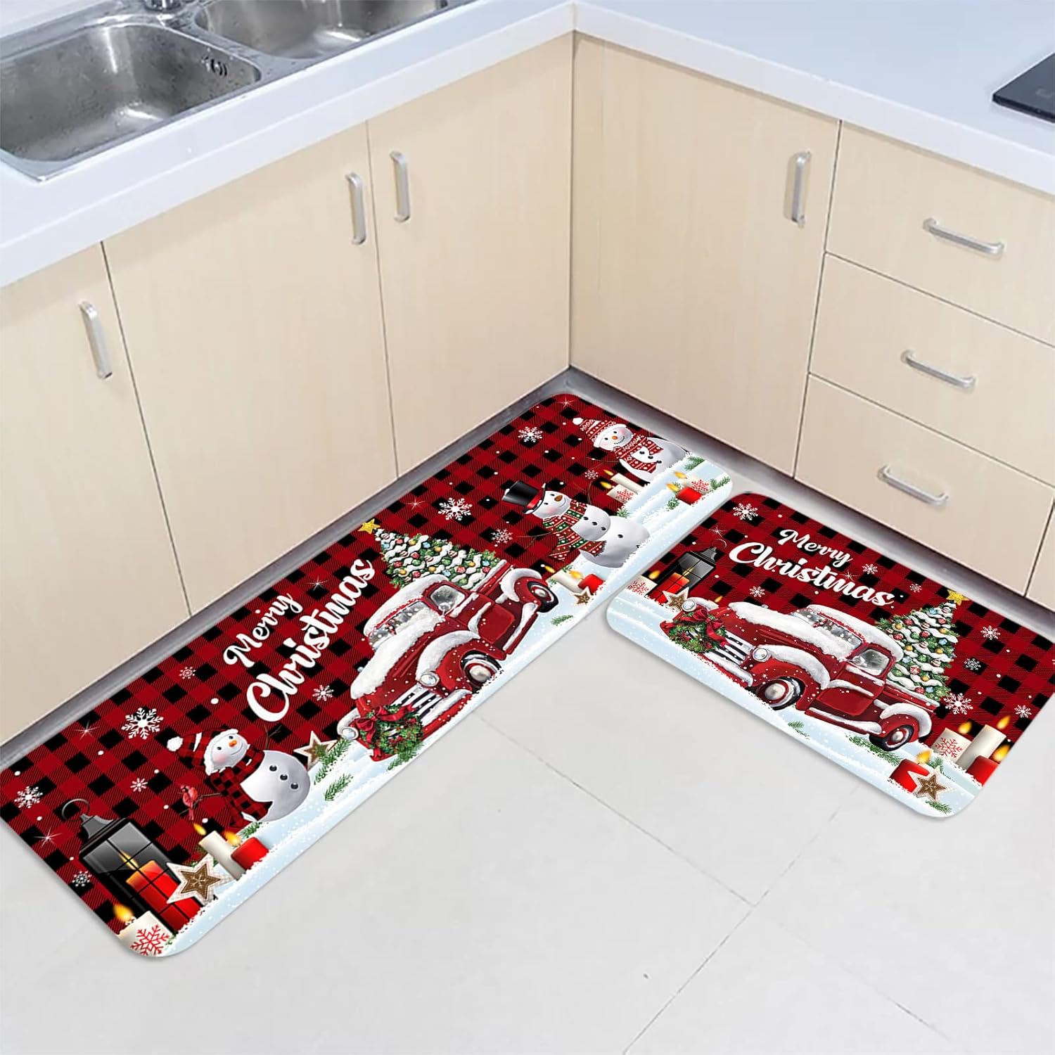 Juego de 2 alfombras de cocina con diseño de camión lindo con árbol de Navidad, diseño de muñeco de nieve con árbol de Navidad, campo de nieve a