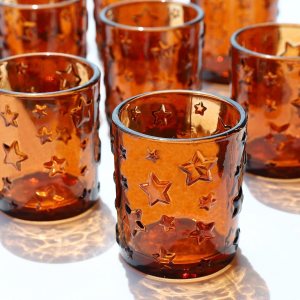 12 portavelas votivas de vidrio en relieve de estrella, candelabros ámbar, centros de mesa de boda para mesas, portavelas de vidrio para Acción de 12 portavelas votivas de vidrio en relieve de estrella, candelabros ámbar, centros de mesa de boda para mesas, portavelas de vidrio para Acción de