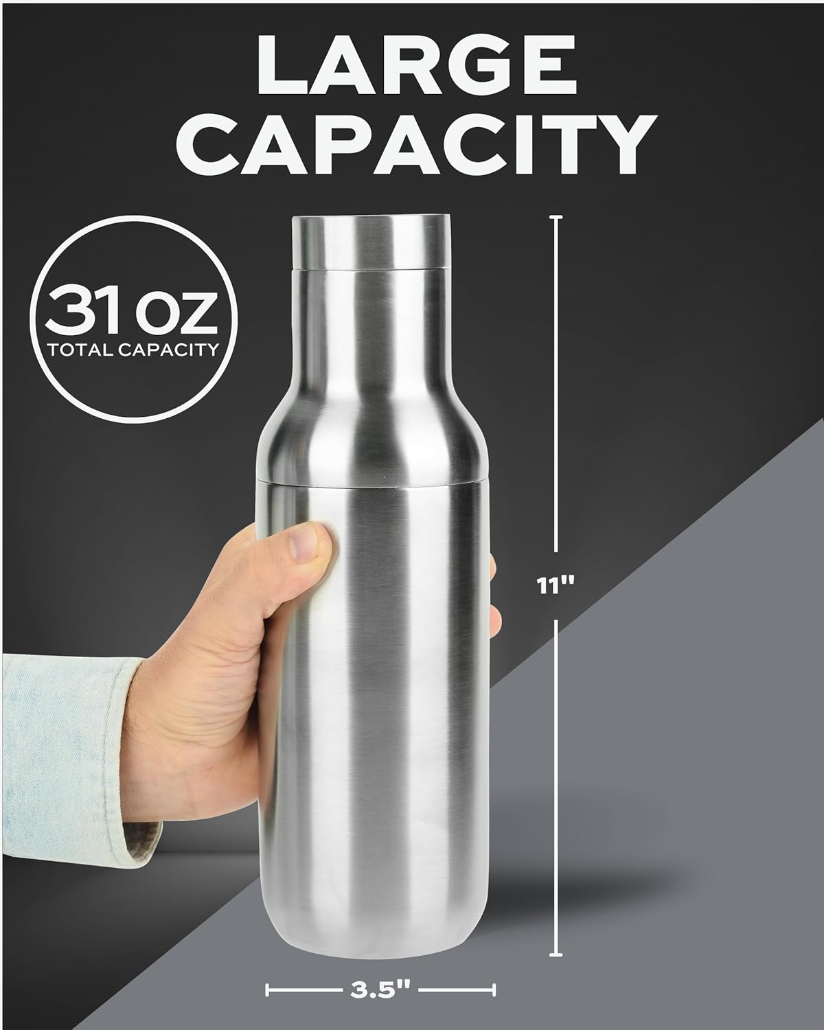 Coctelera híbrida  Acero inoxidable aislado al vacío  Grande 31 oz  A prueba de fugas  Sistema de medición integrado, colador y tapa de jigger