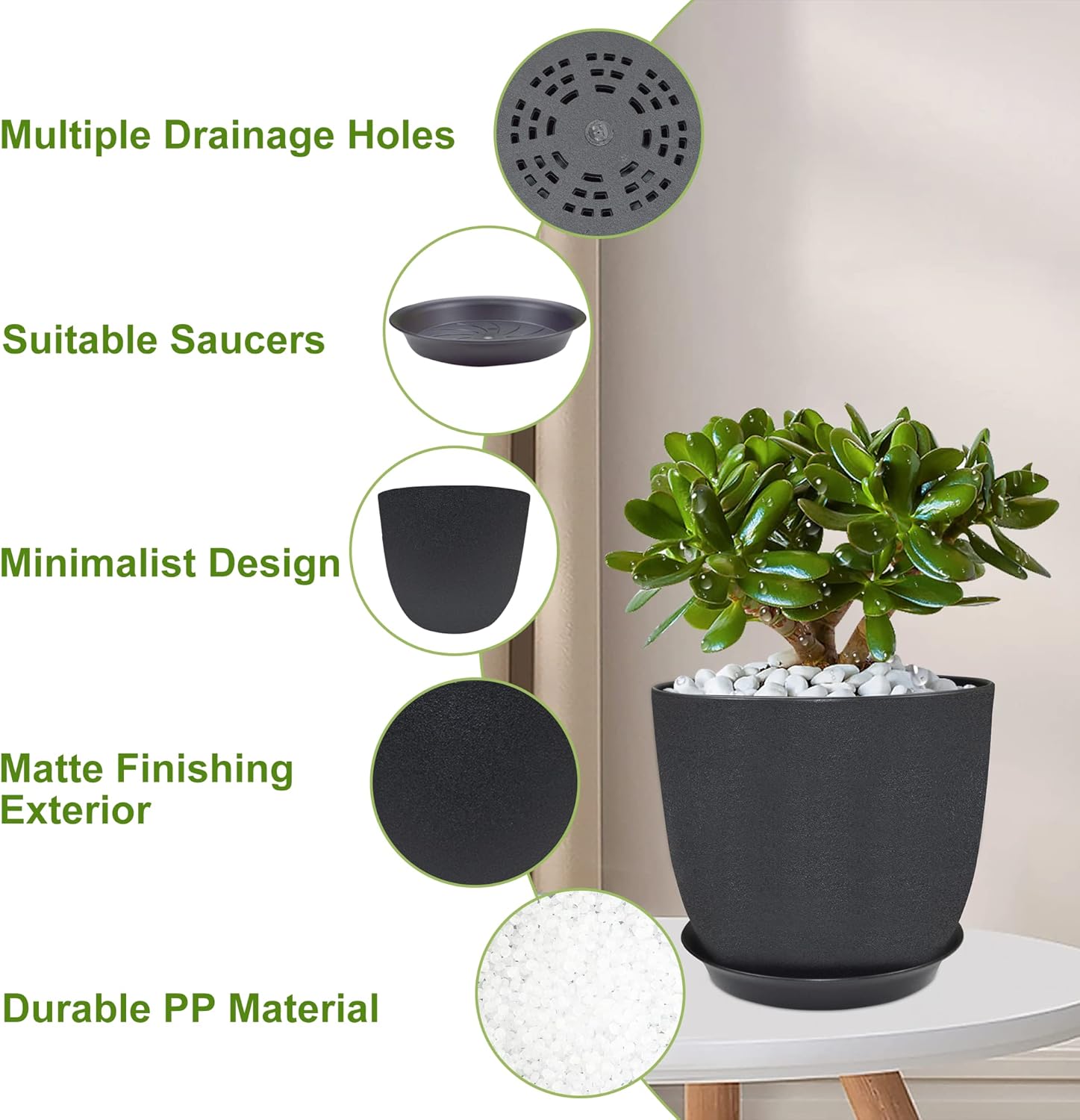 Qefuna Macetas de 1098 pulgadas, juego de 3, macetas para plantas de interior con agujeros de drenaje, platillo extraíble, tapete de trasplante,