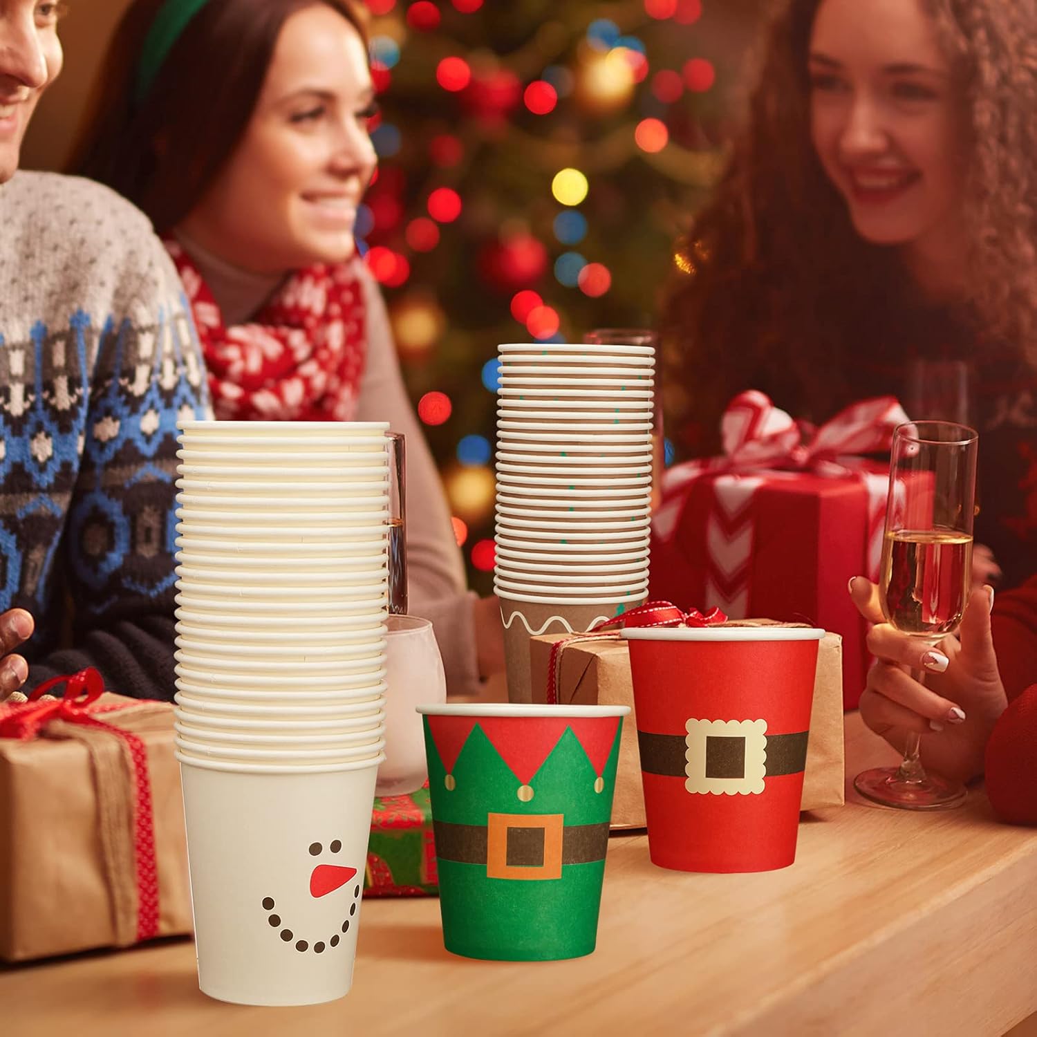 100 vasos de papel de Navidad, vasos de café desechables de Navidad, copos de nieve, Papá Noel, elfo, muñeco de nieve, alce, tazas de Navidad de 9