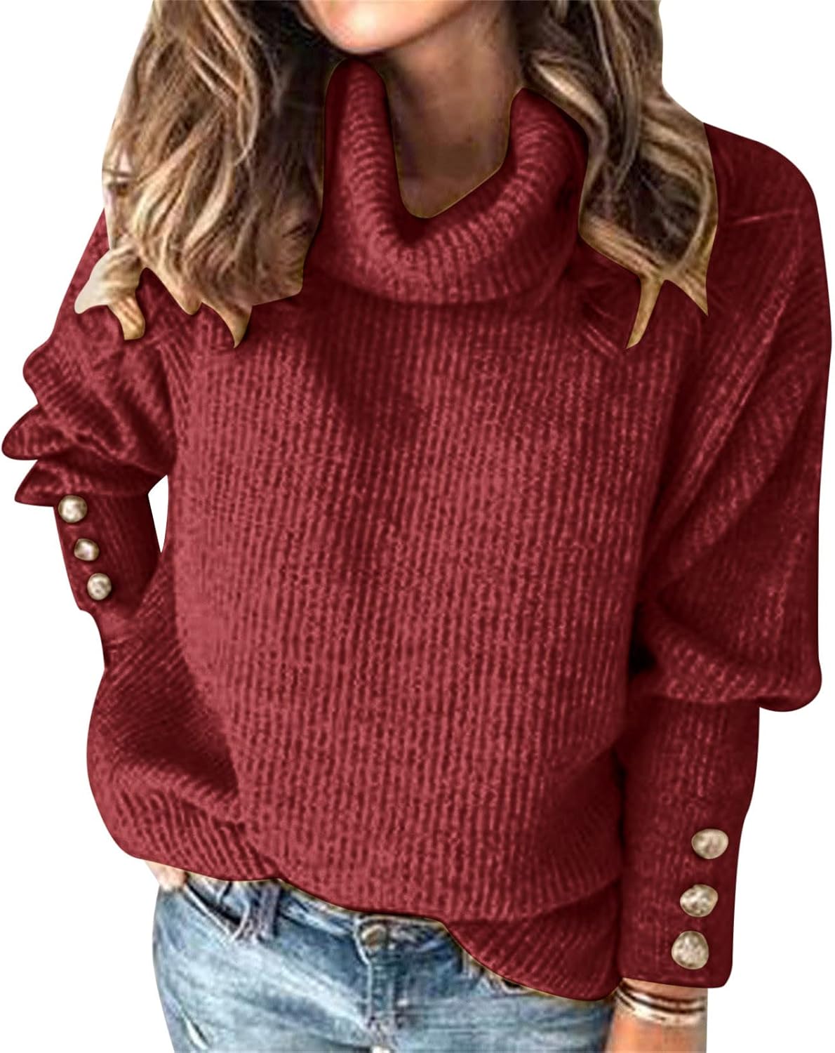 Womens 2023 Fall Pullover Sweaters Solid Long Sleeve Turtleneck Knitted Casual Button Oversized Tunic