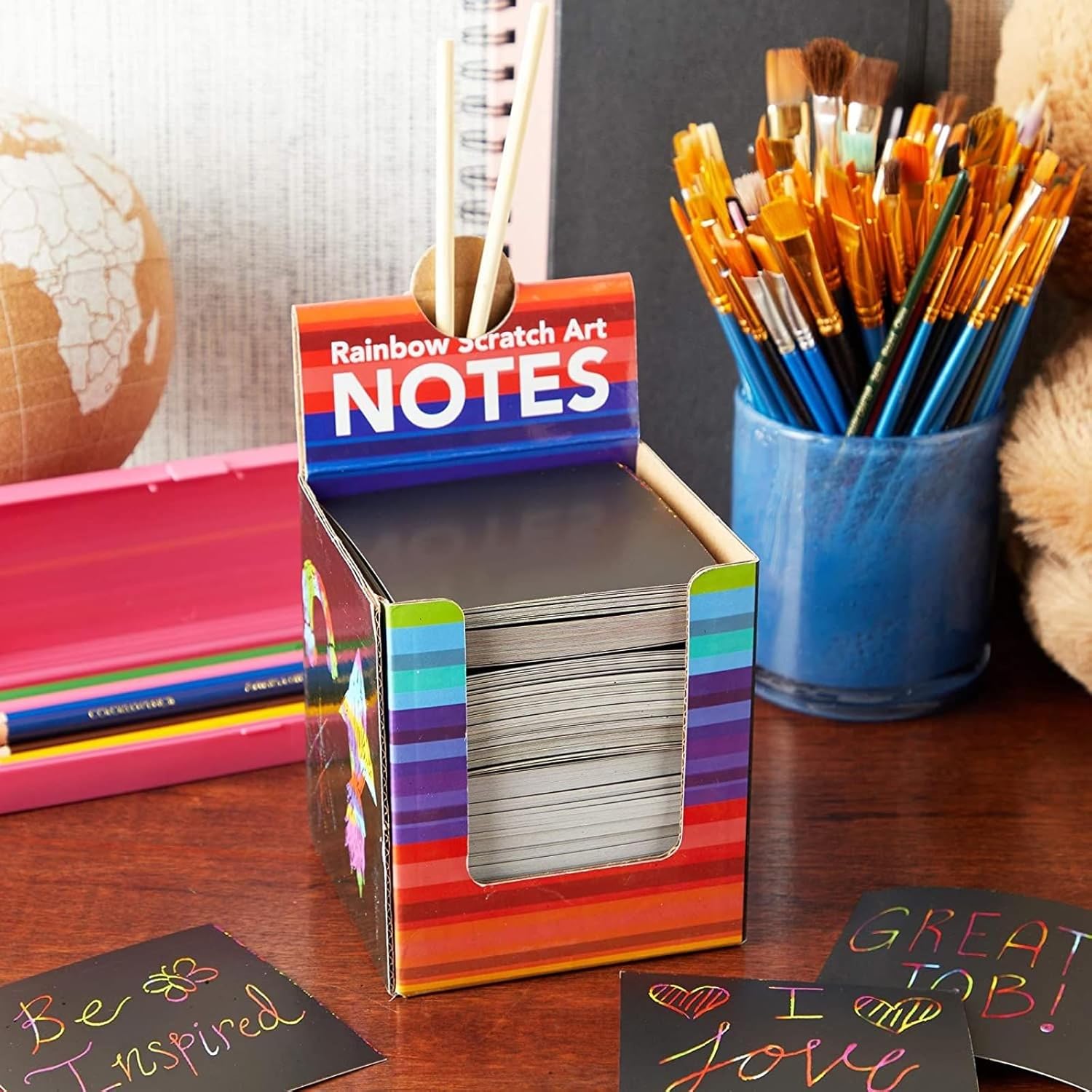 Bright Creations Notas para raspar arcoíris con 2 lápices de madera (3.5 pulgadas, 300 hojas)
