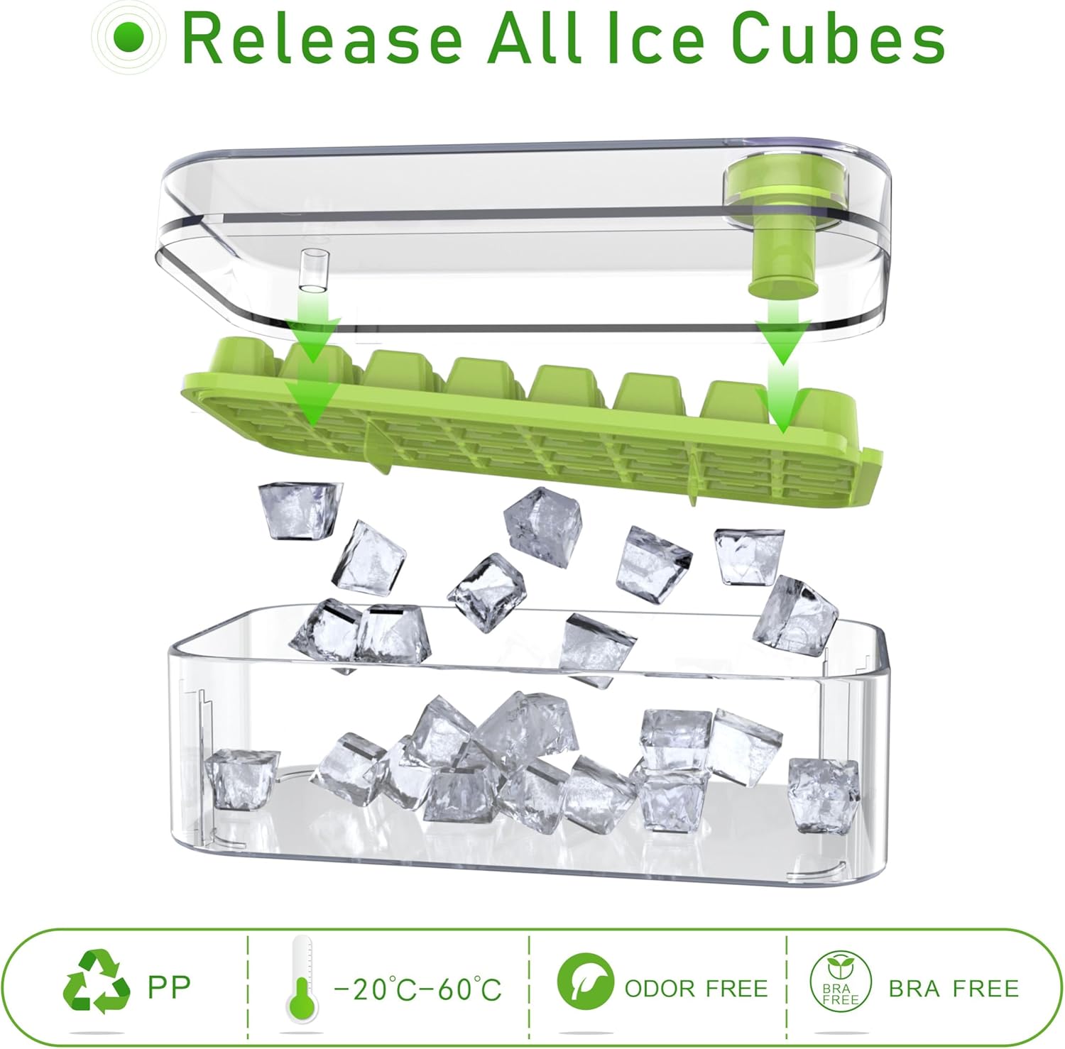 Bandeja para cubitos de hielo con tapa y contenedor, paquete de 2 bandejas de cubitos de hielo para congelador, 64 cubos de hielo, fácil de usar,